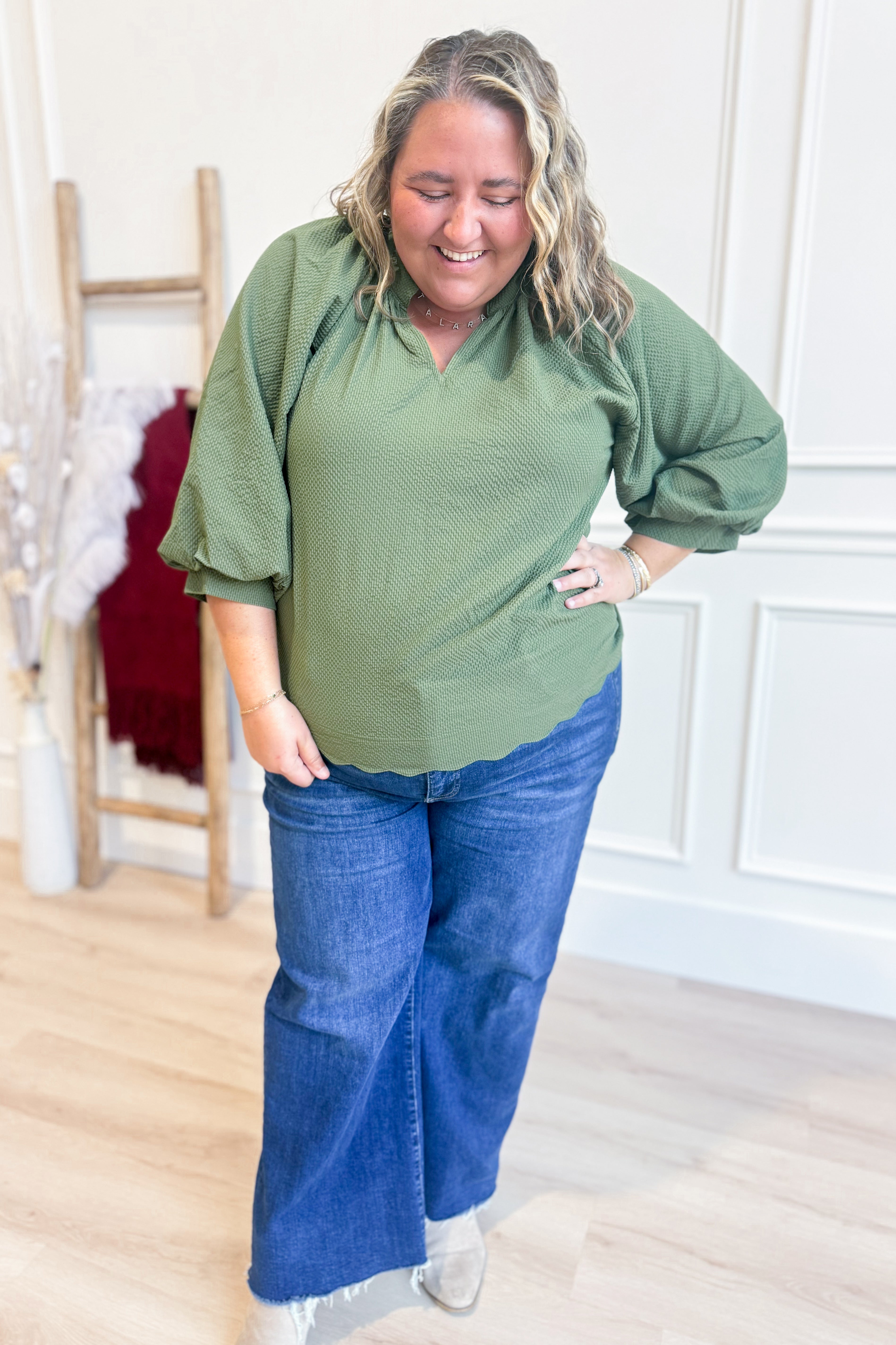 Lacey Textured Scallop Hem Blouse Top - Be You Boutique