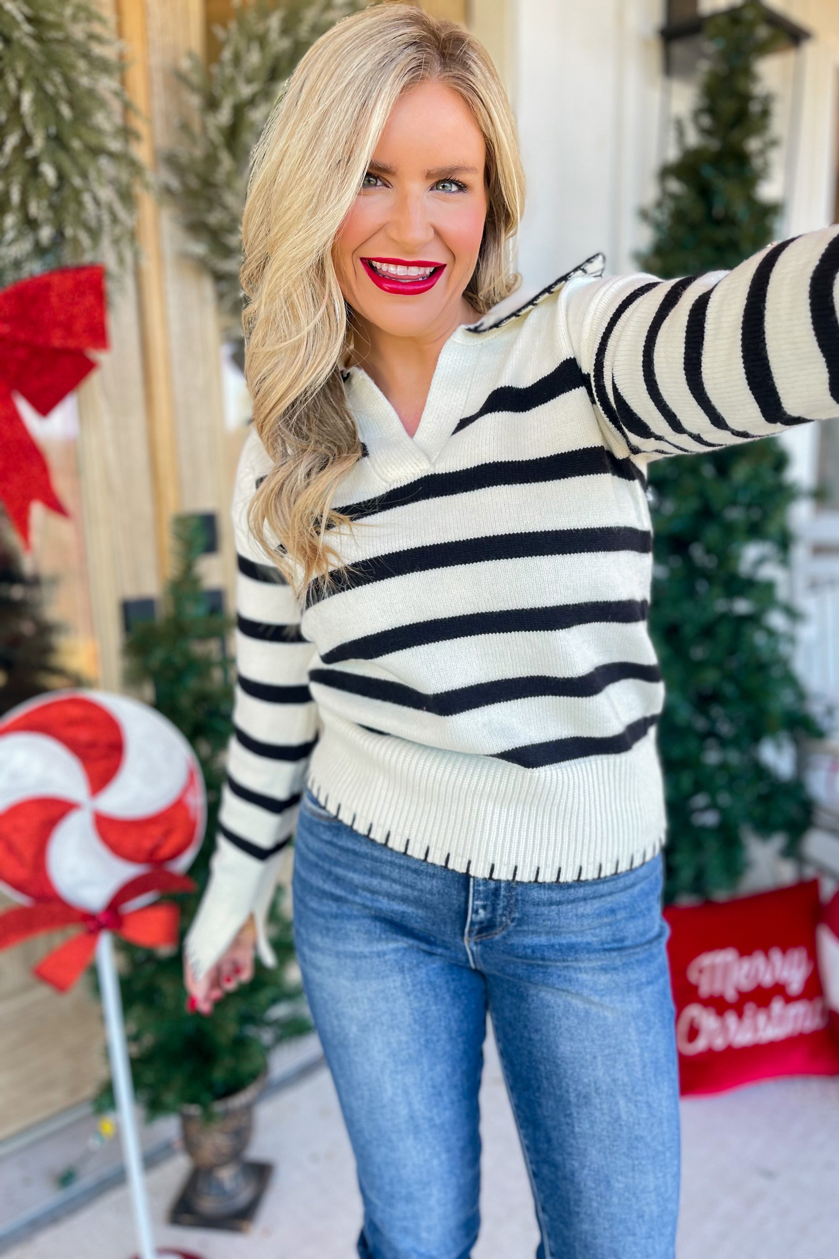 Randy Stitched Edge Striped Notch Neck Sweater [S-3X] - Be You Boutique