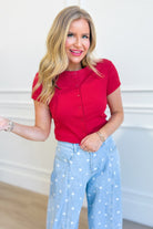Ruth red ribbed button-up top by HYFVE, casual style with a fitted design, shown on a neutral background.