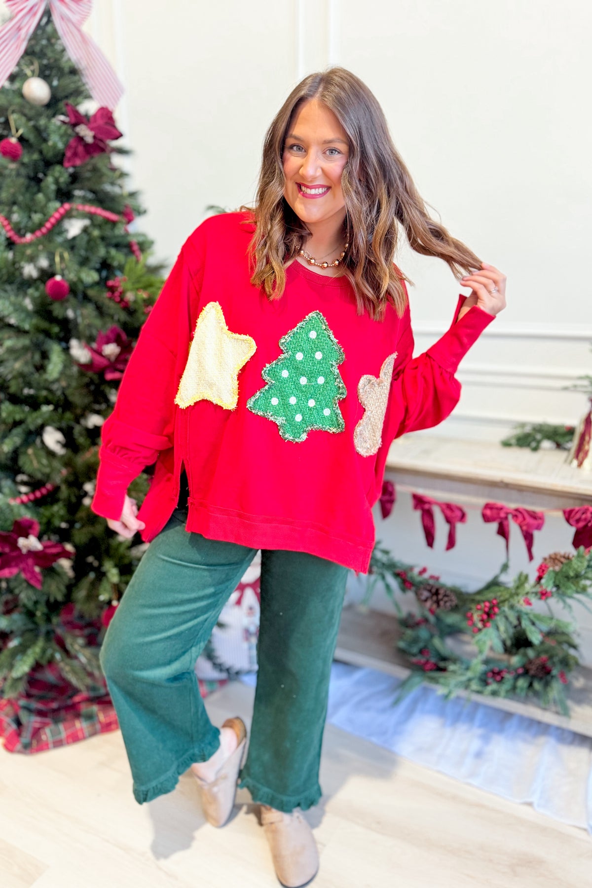 Peach Love Tweed Christmas Patch Graphic Sweatshirt with festive holiday design and cozy knit texture.