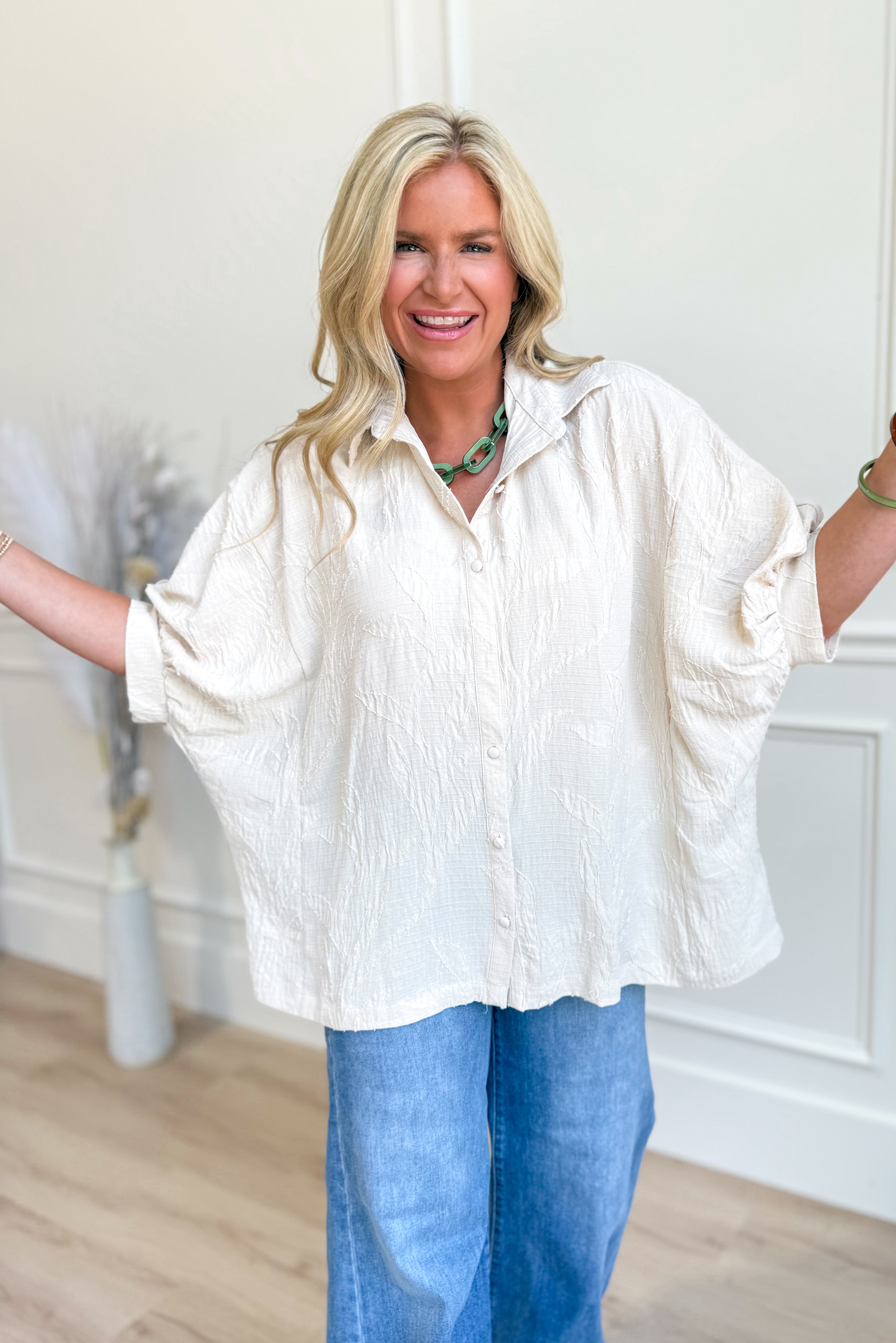 Mannie Jacquard Textured Leaf Print Blouse - Be You Boutique
