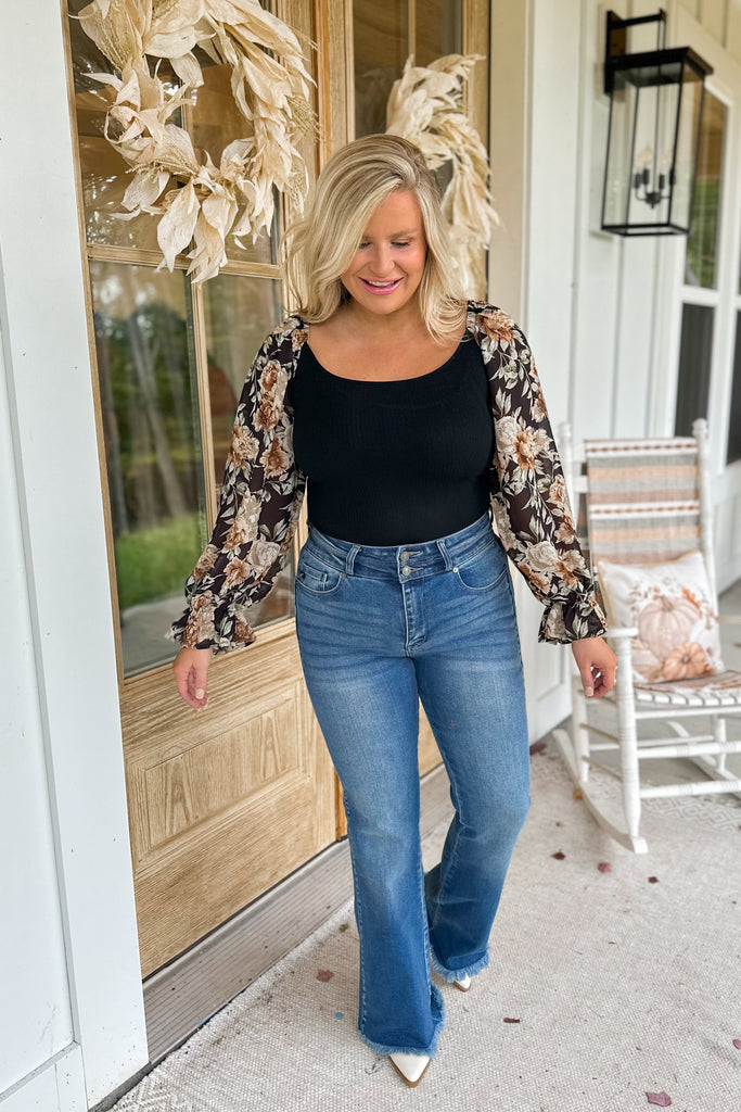 Silas Open Back Floral Bubble Sleeve Bodysuit - Be You Boutique