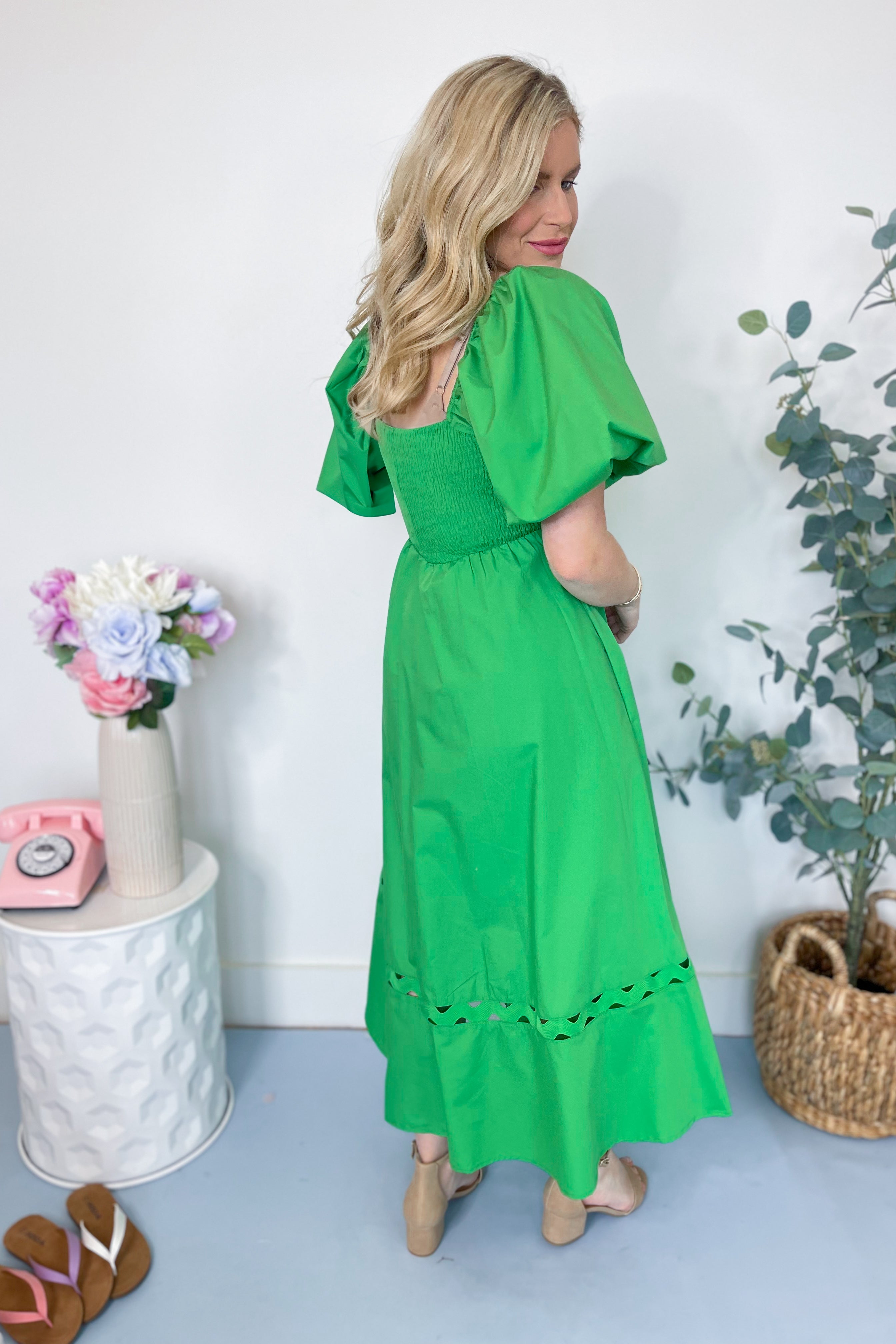 Brennley Puff Sleeve Ric Rac Trim Midi Dress - Be You Boutique