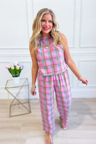 Wishlist Ellis plaid two-piece set featuring stylish plaid pants with a matching top, perfect for casual and trendy looks.