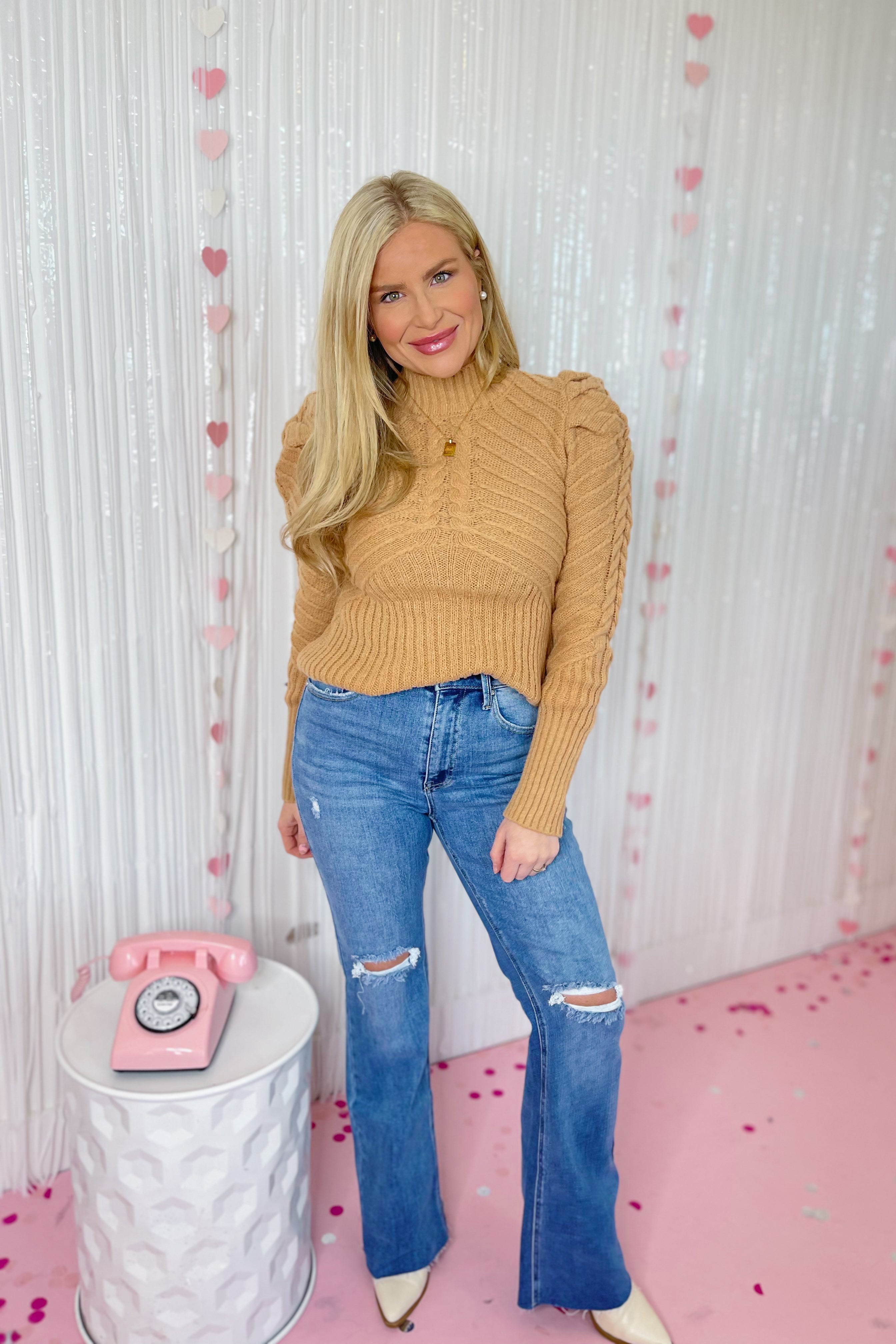 Darrin Mock Neck Puff Shoulder Sweater - Be You Boutique