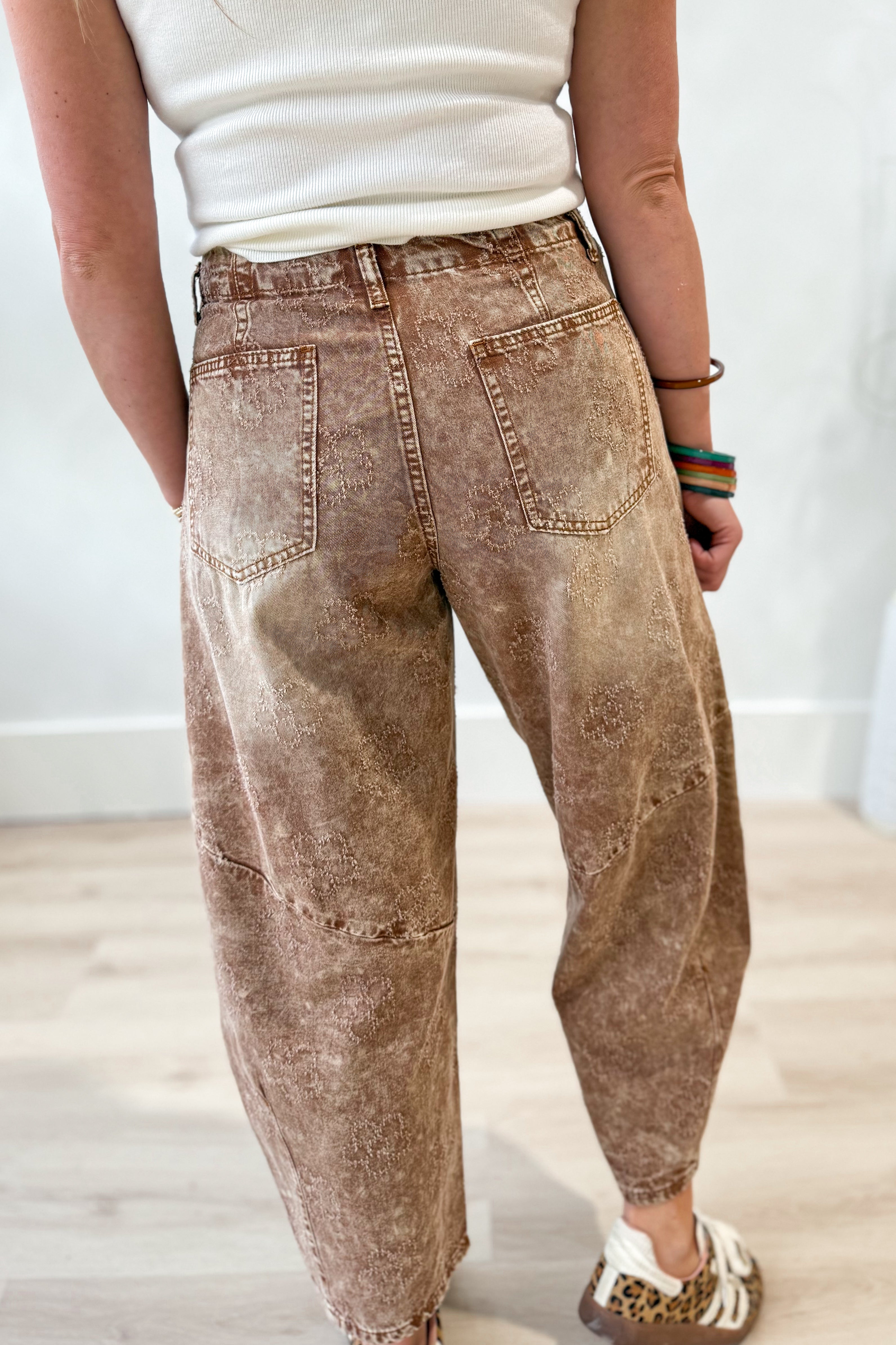 Elle Mineral Wash Flower Embroidered Barrel Jean - Be You Boutique