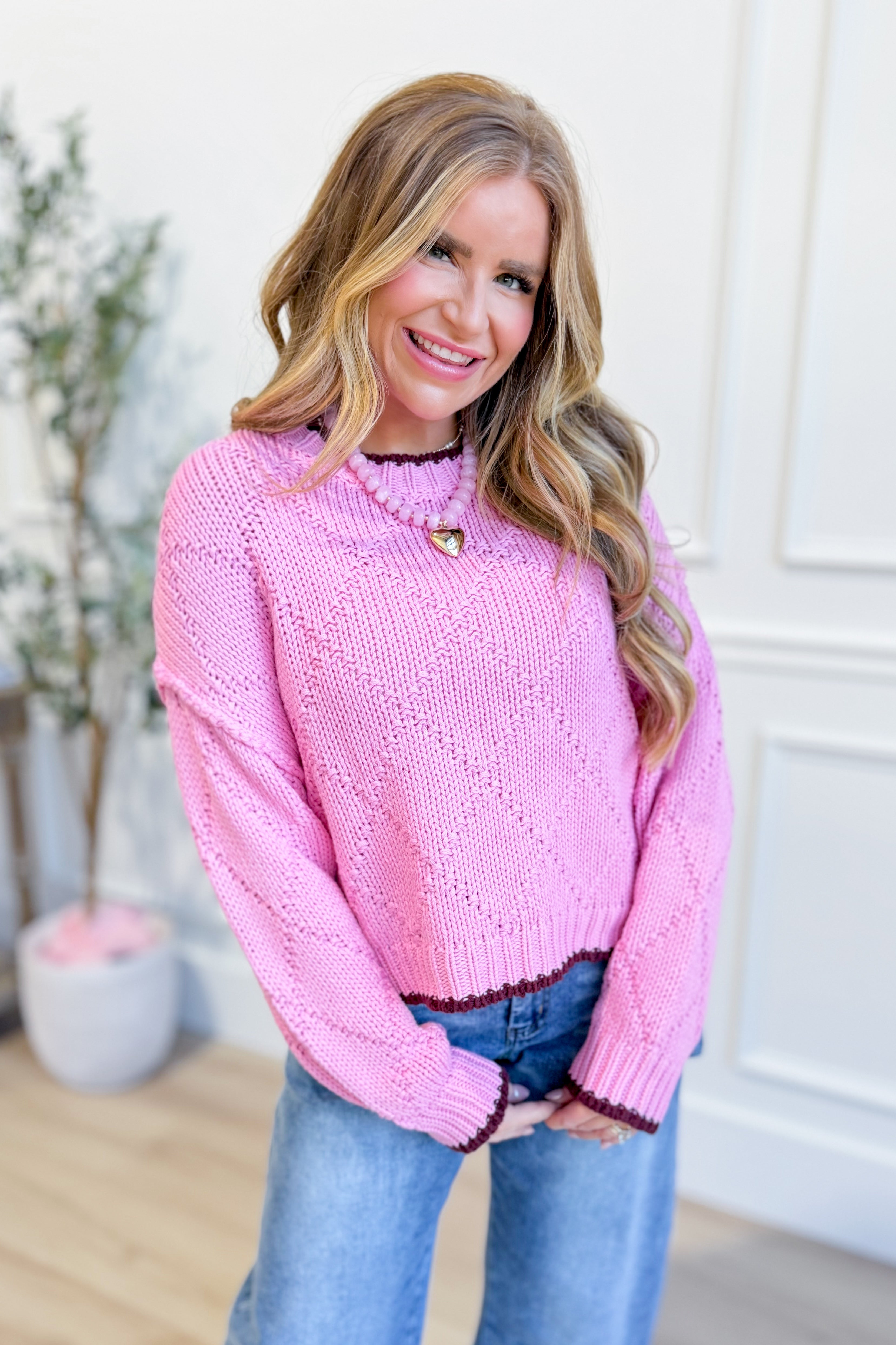 Wishlist Aly Hibiscus contrast trim pointelle sweater featuring a cozy fall sweater design with Hibiscus details and contrasting accents.