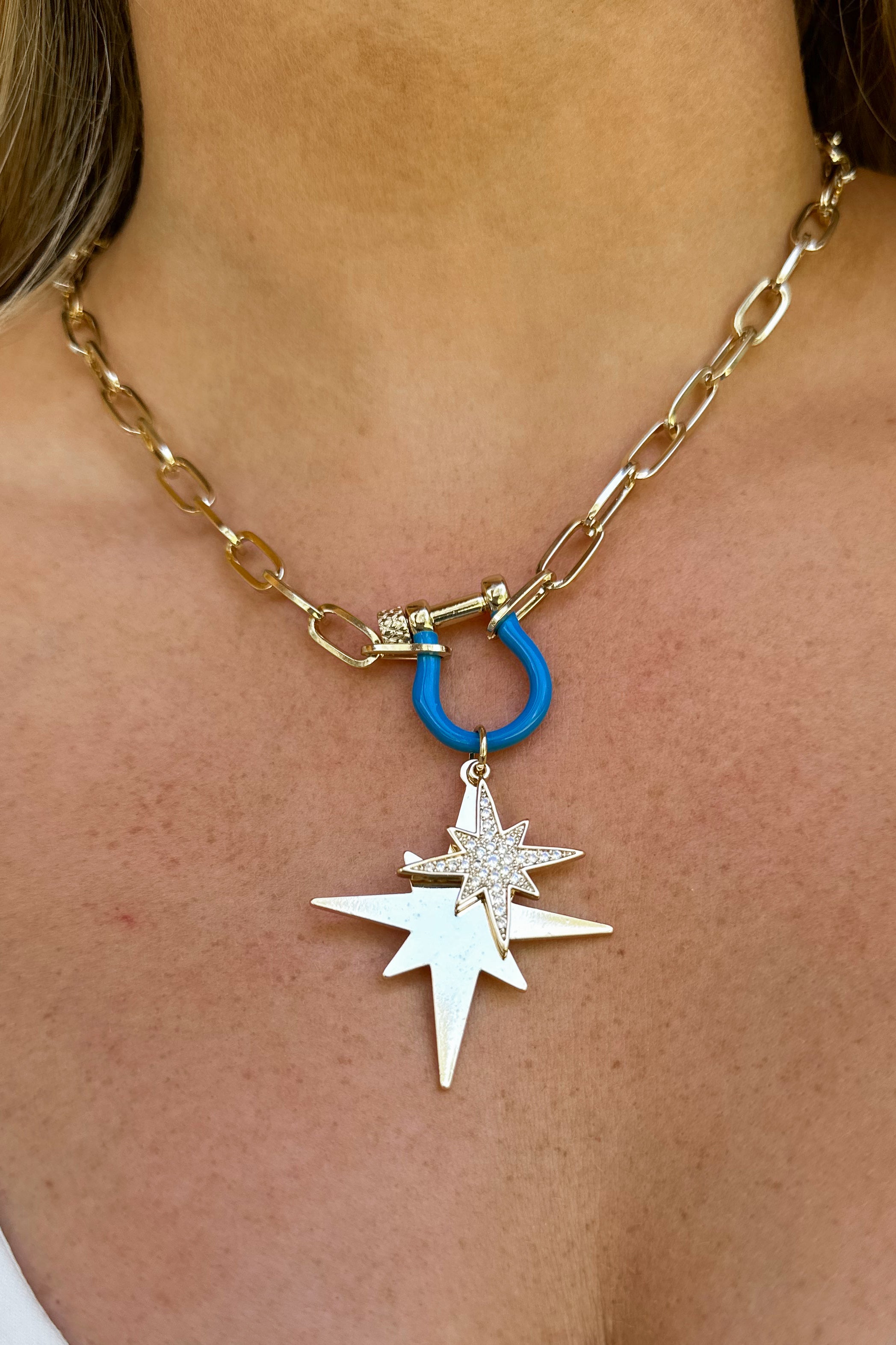 Treasure Jewels Starburst Necklace with Blue Horshoe Clasp - Be You Boutique