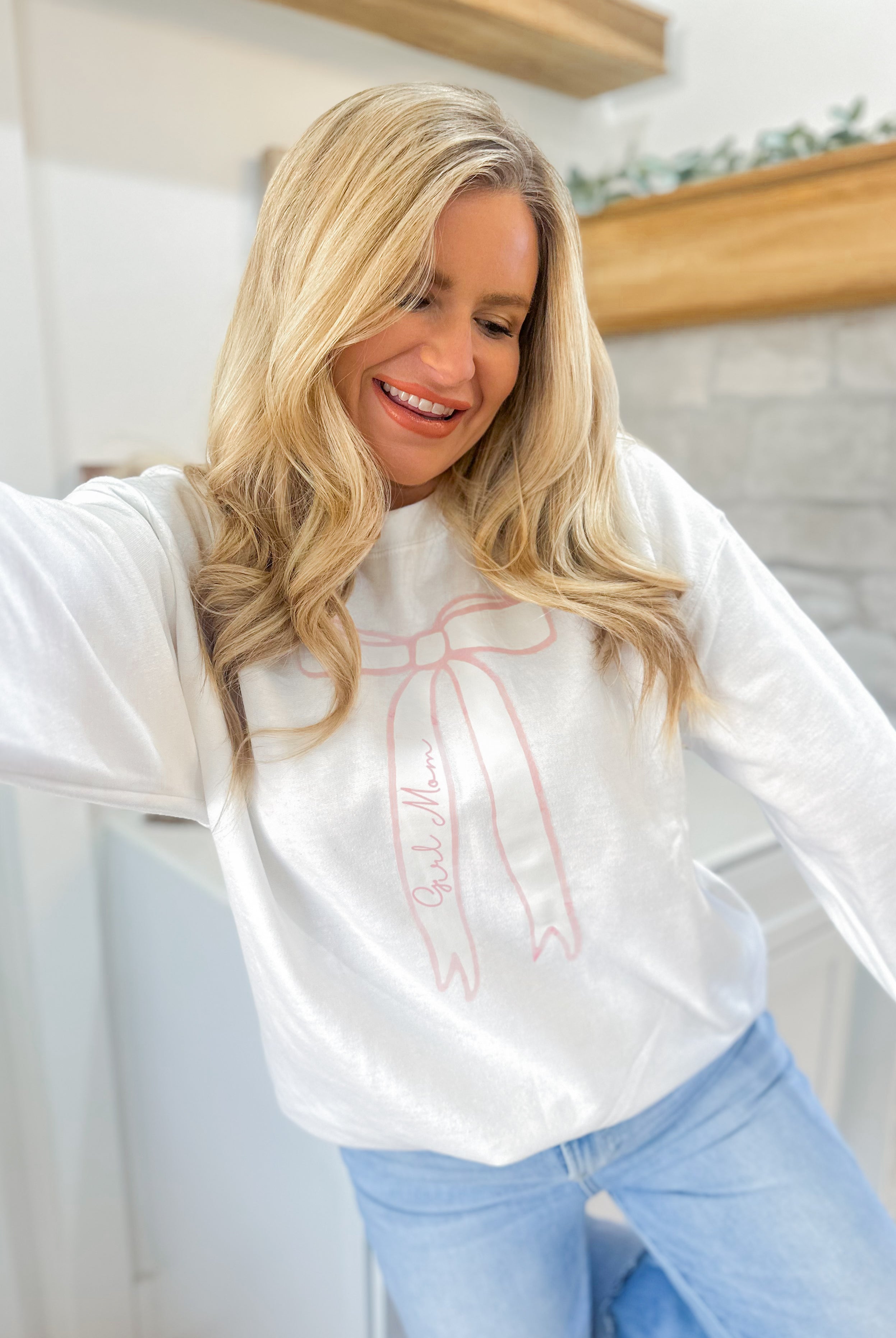 Dainty Pink Bow for MOM Long Sleeve Crew Neck Sweatshirt - Be You Boutique