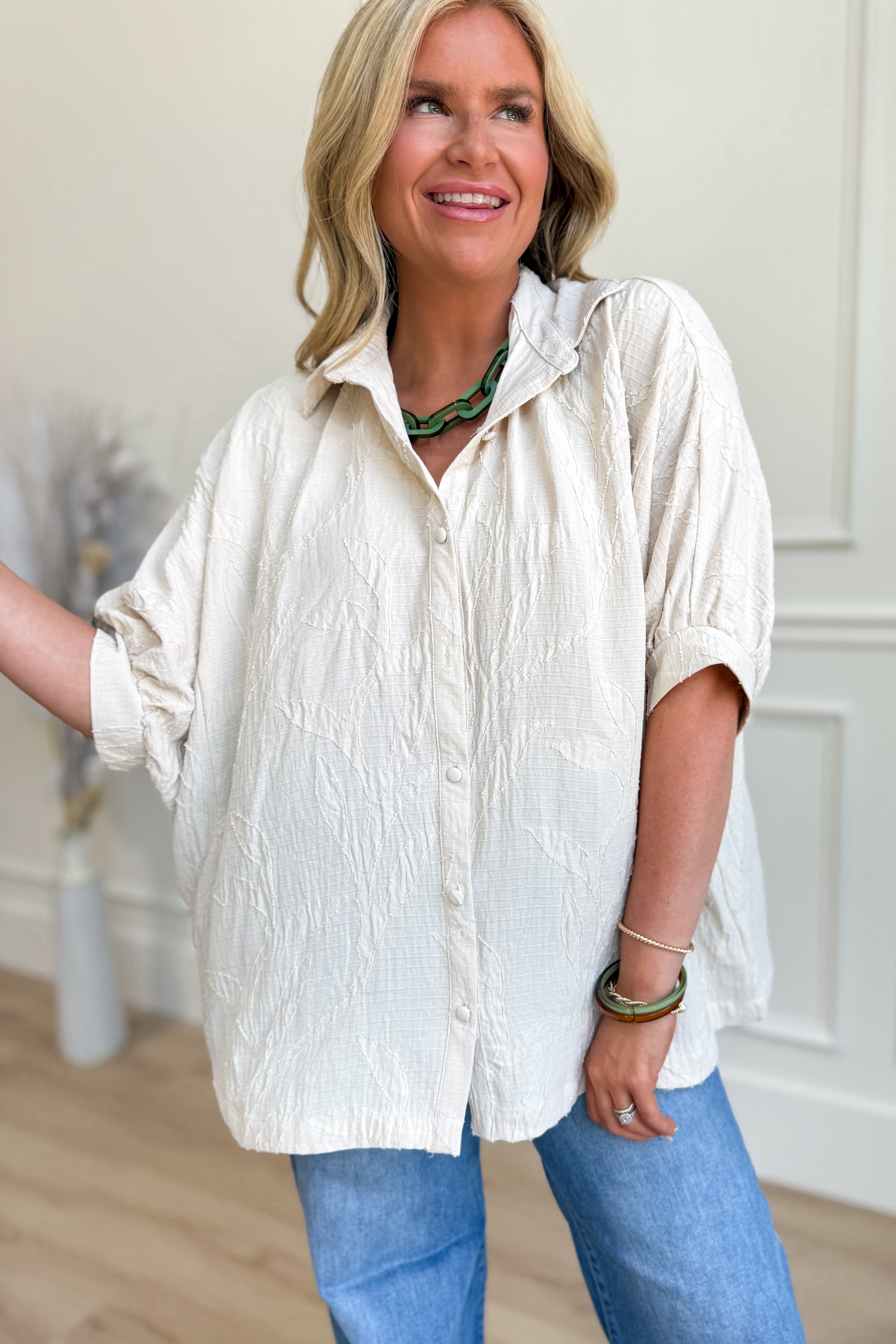 Mannie Jacquard Textured Leaf Print Blouse - Be You Boutique