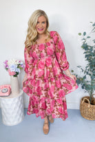 Linda Jacquard Chiffon Rose Printed Tiered Maxi Dress - Be You Boutique