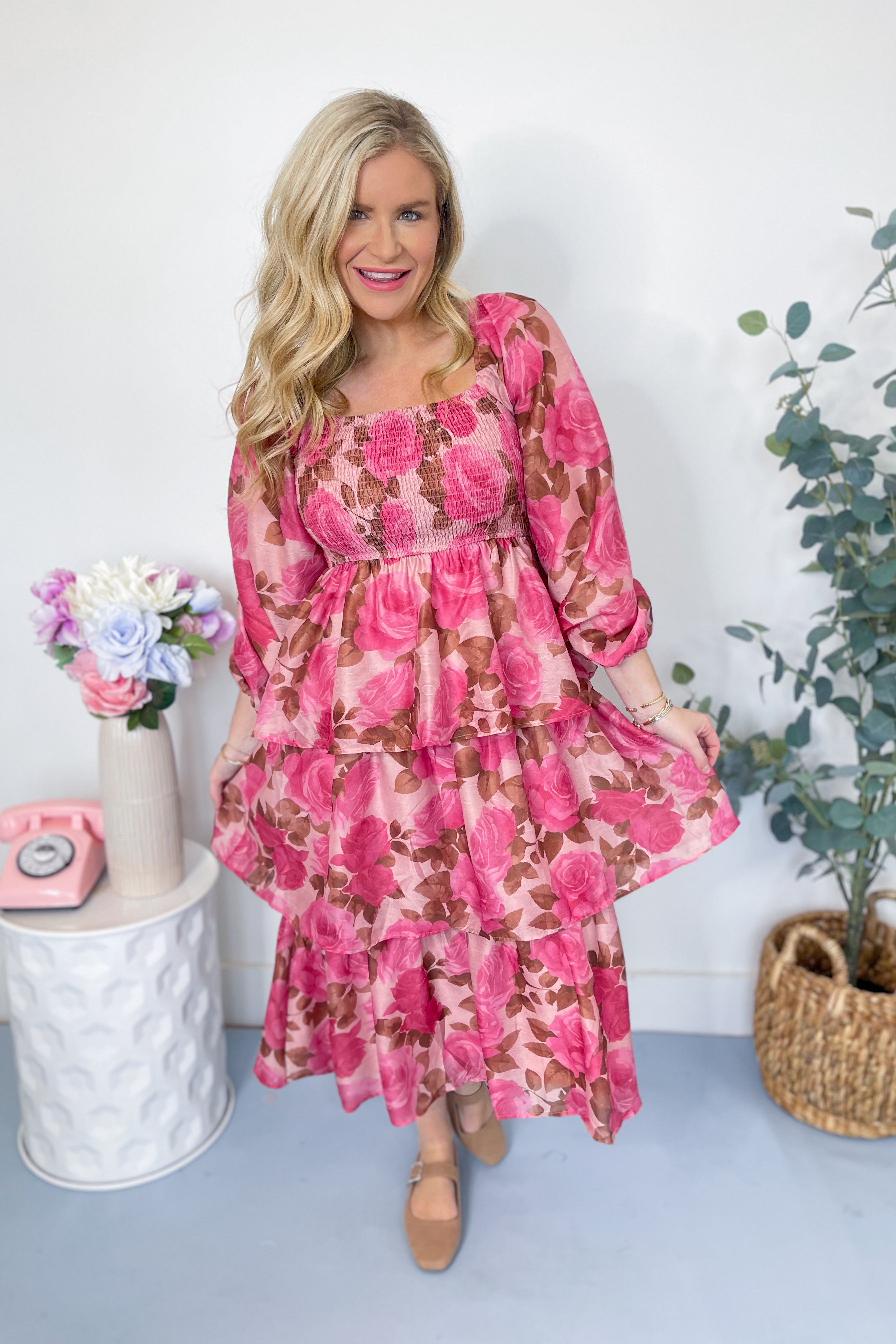 Linda Jacquard Chiffon Rose Printed Tiered Maxi Dress - Be You Boutique