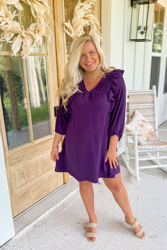 Luca Solid Balloon Long Sleeve Dress with Ruffle Details - Be You Boutique