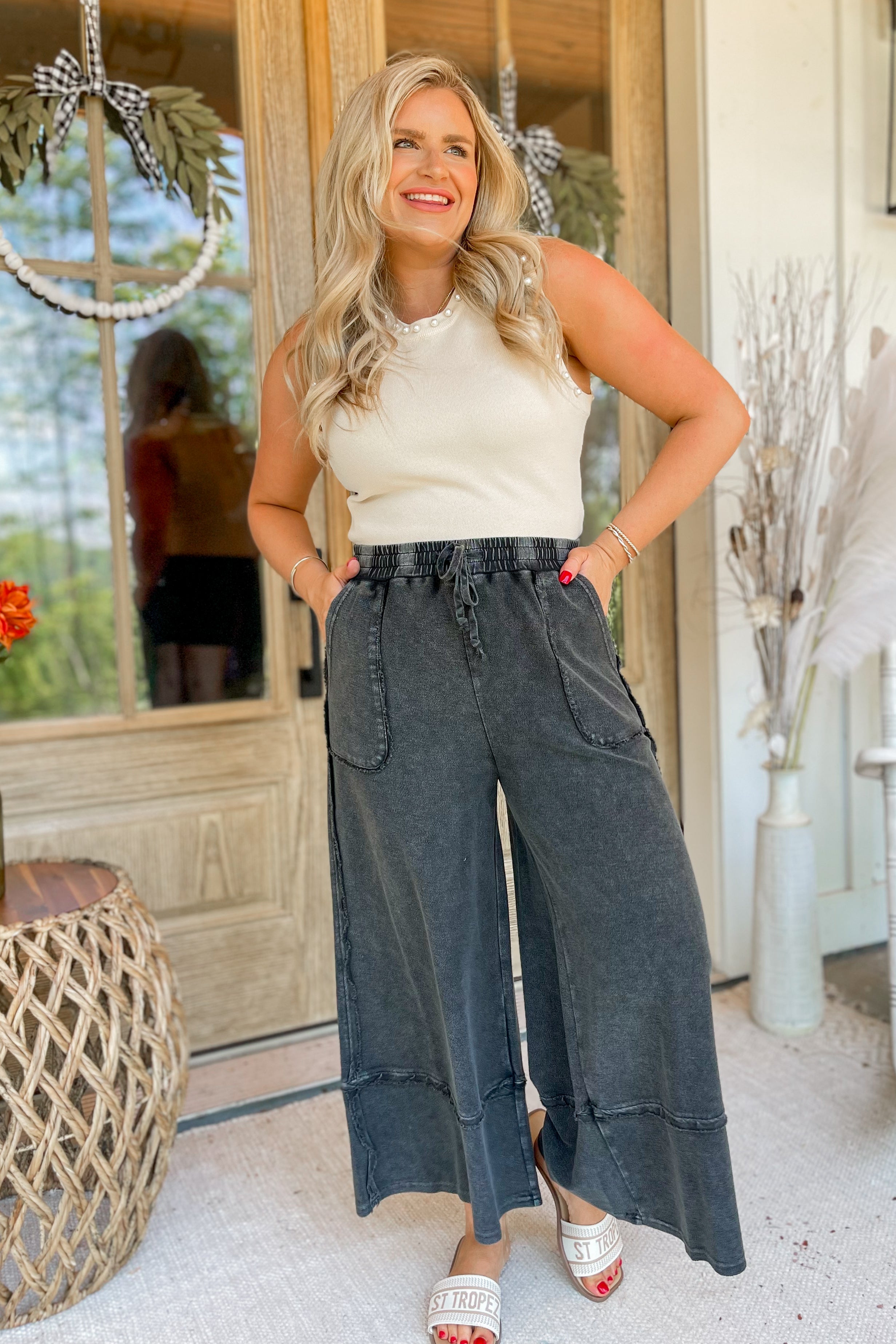 Caris Mineral Washed Upside Down Terry Knit Wide Leg Palazzo Pants - Be You Boutique