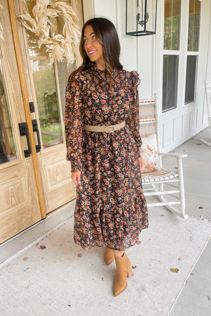 Harrison Floral Long Sleeve Mock Neck Midi Dress - Be You Boutique