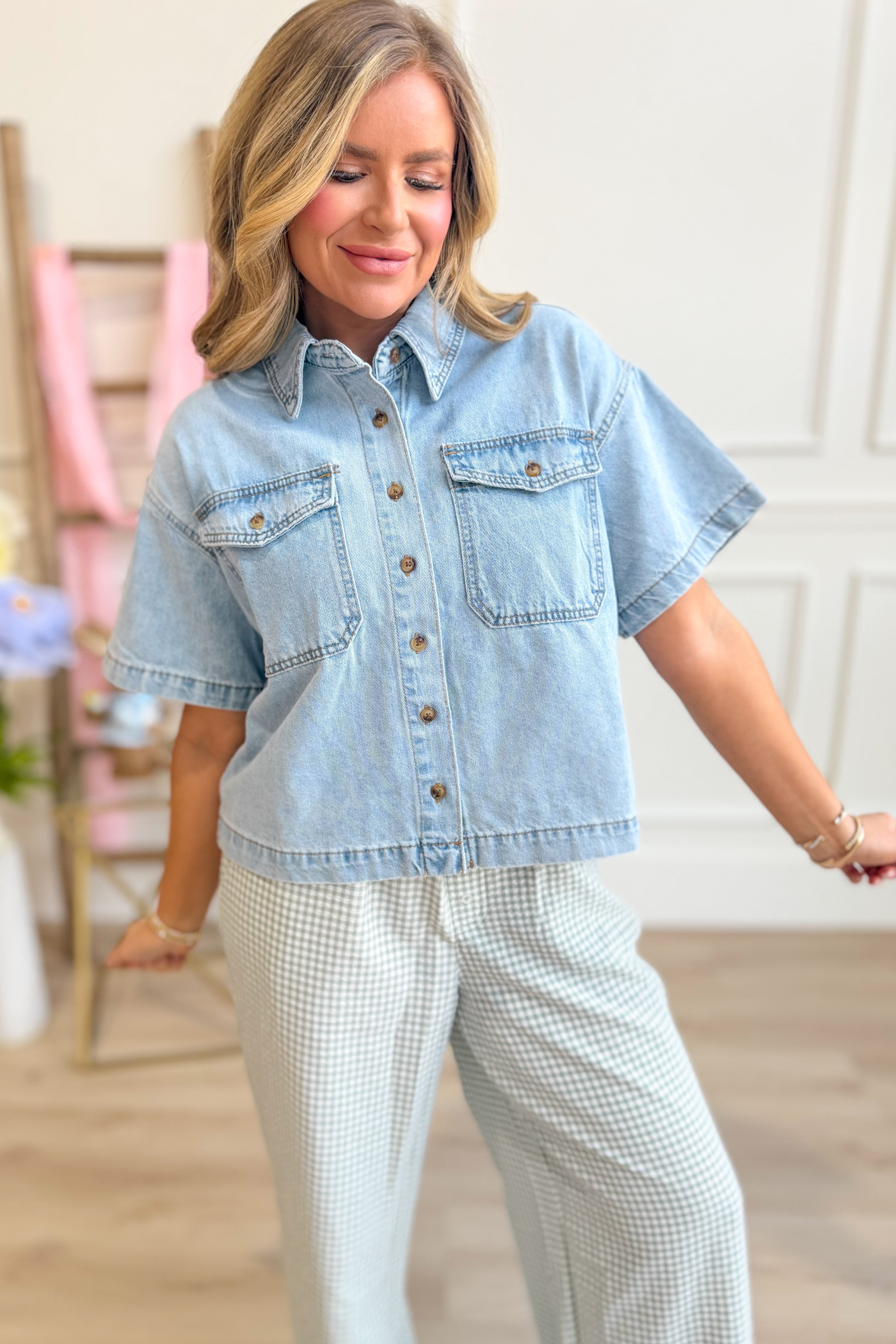 WISHLIST Oscar collared denim button-up top, casual 105 top, featuring a classic collar and button front in blue denim fabric.