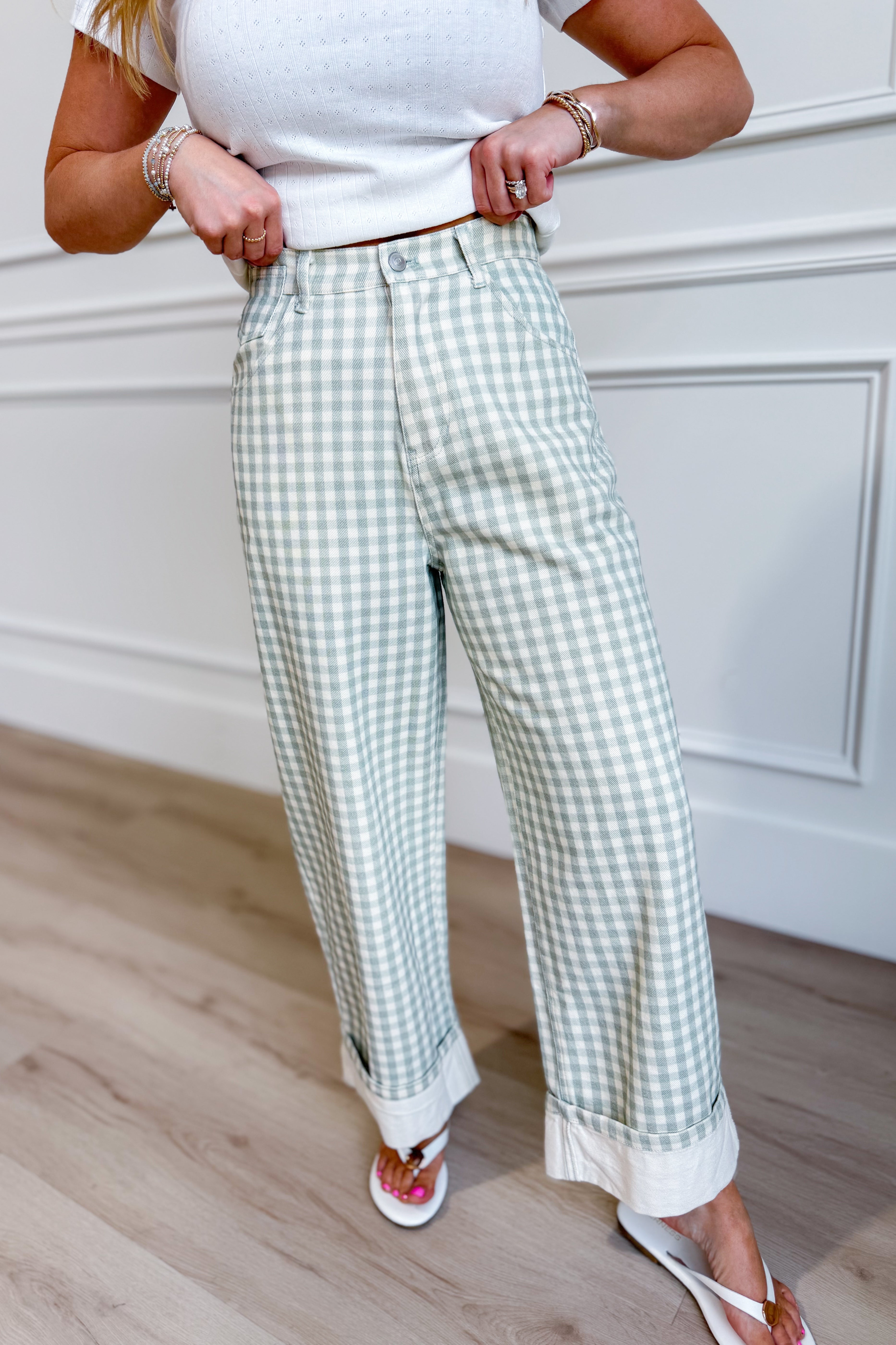 Luis Sage Gingham Rolled Hem Barrel Pant from PEACH LOVE, showcasing stylish novelty jeans with a rolled hem and gingham pattern.