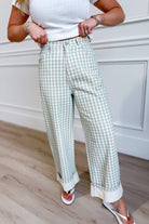 Luis Sage Gingham Rolled Hem Barrel Pant from PEACH LOVE, showcasing stylish novelty jeans with a rolled hem and gingham pattern.