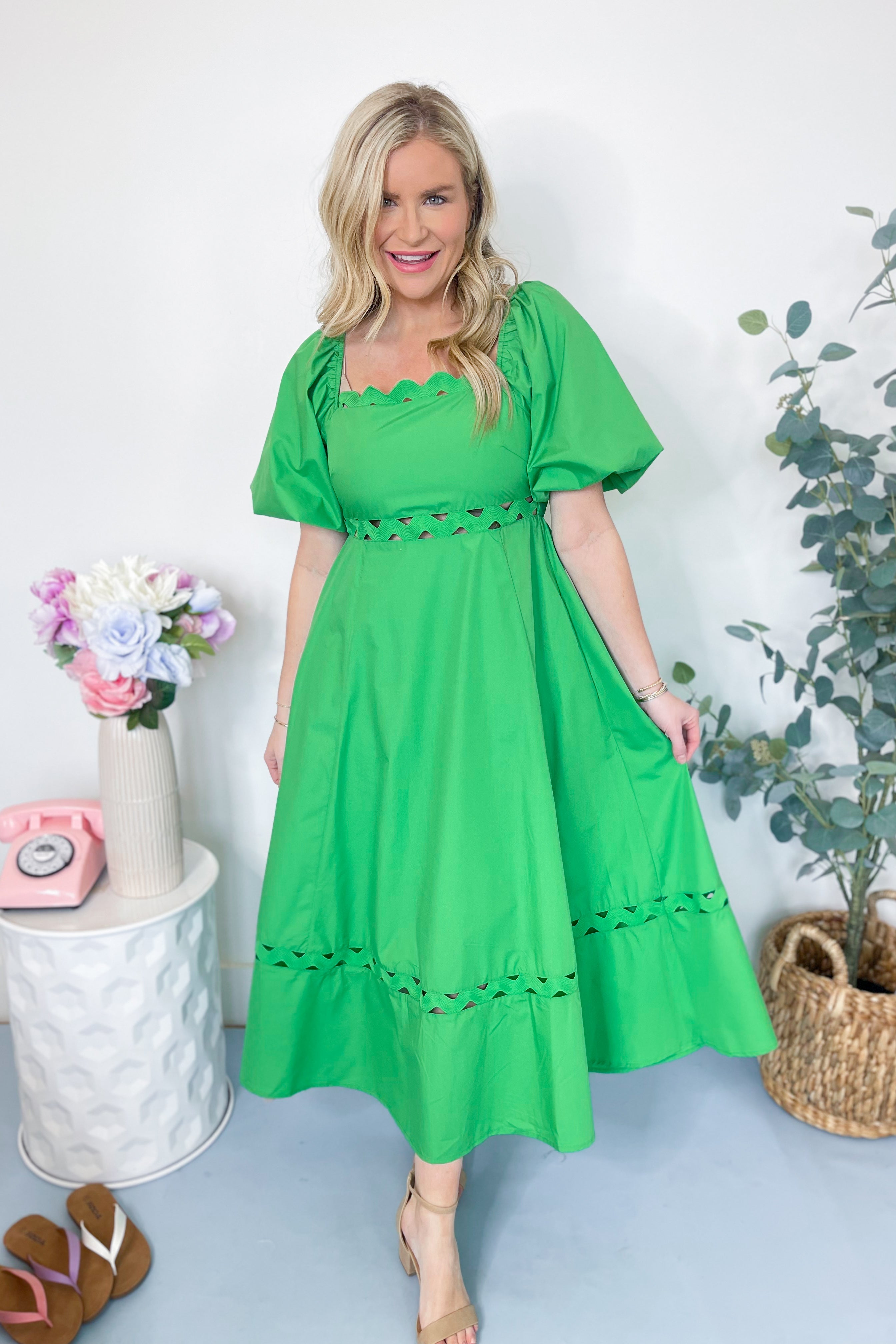 Brennley Puff Sleeve Ric Rac Trim Midi Dress - Be You Boutique