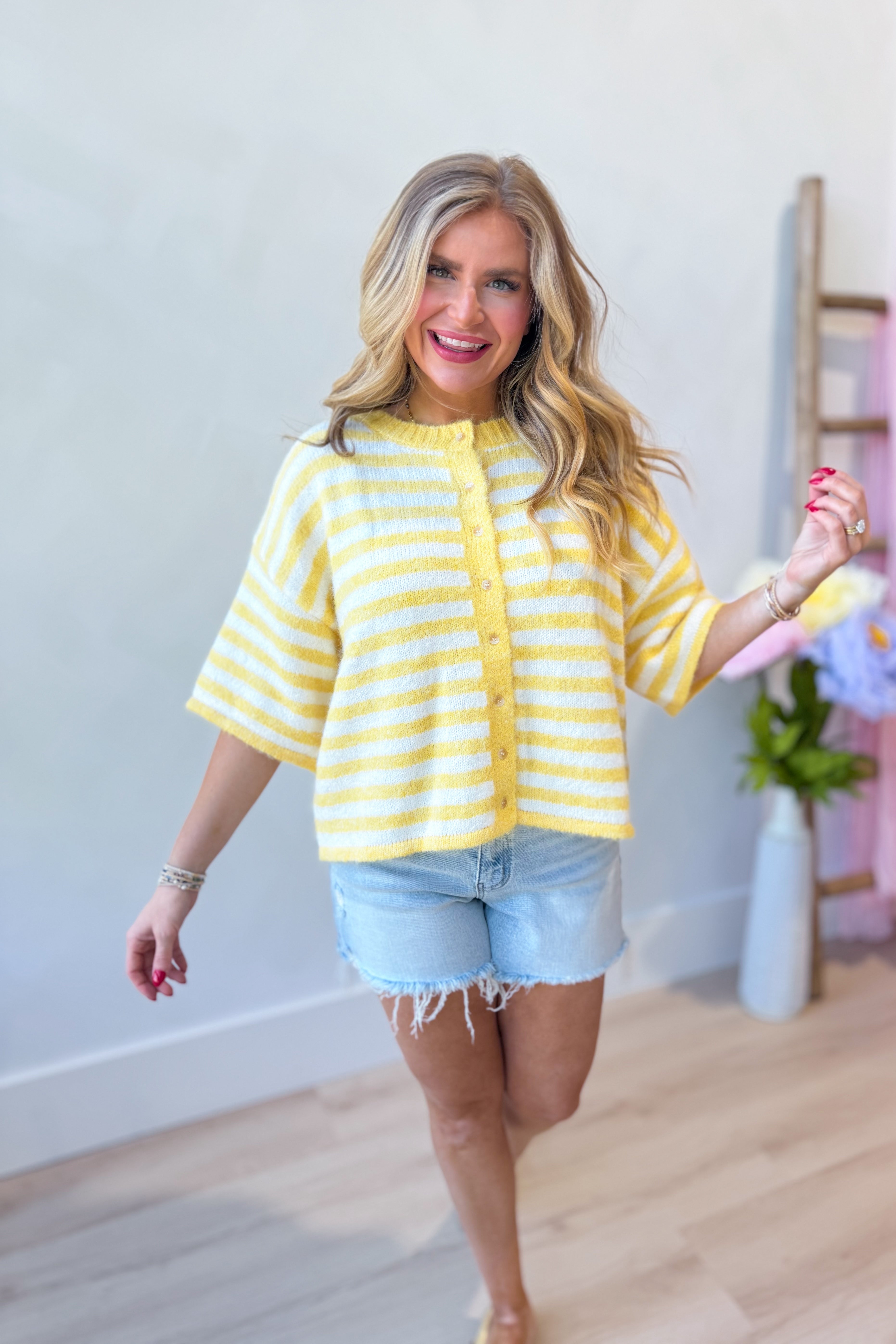 Yellow striped button-down cardigan top from BAEVELY, featuring a classic spring sweater design with front buttons and long sleeves.