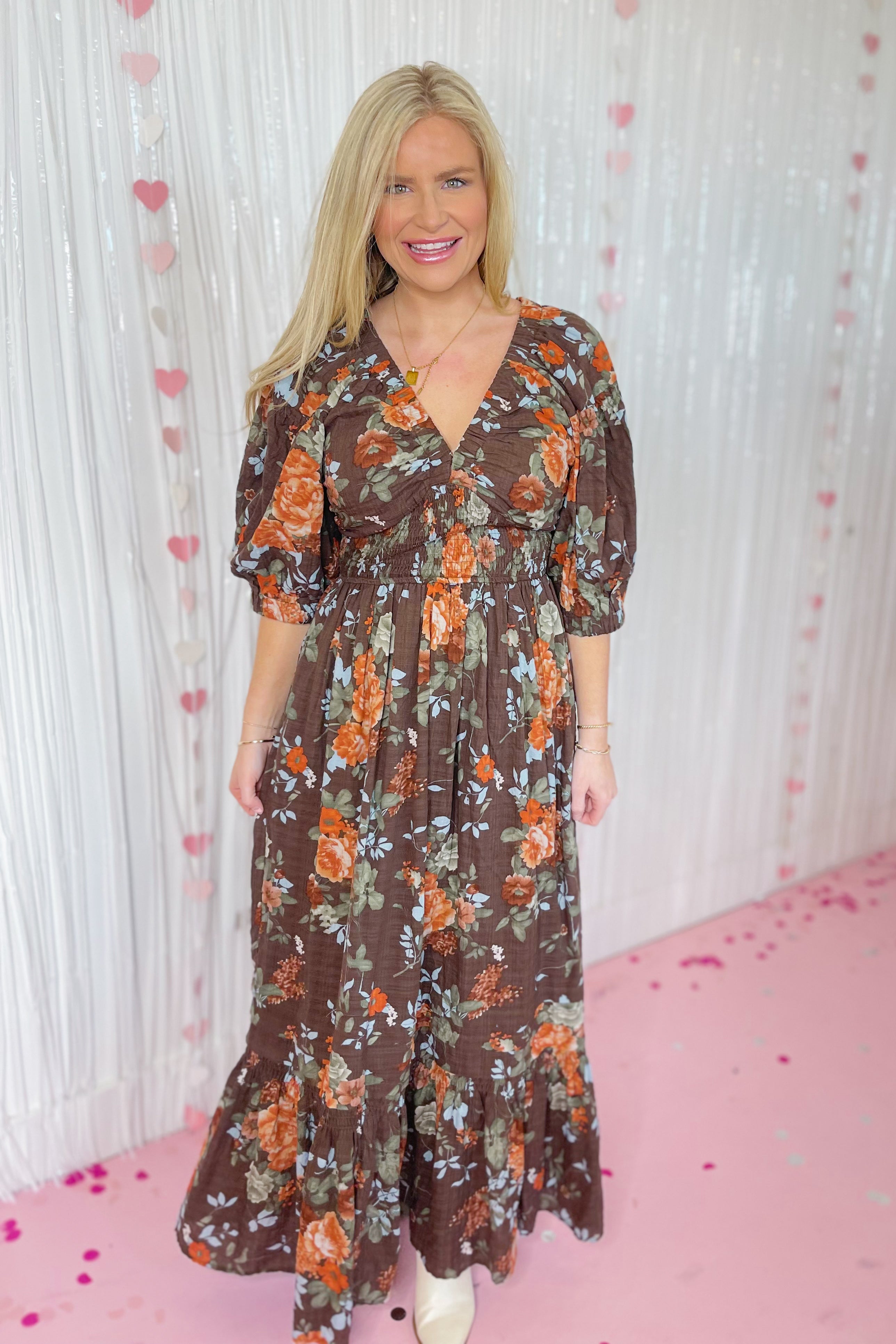 Molly Floral Print 3/4 Sleeve Smocked Waist Maxi Dress - Be You Boutique