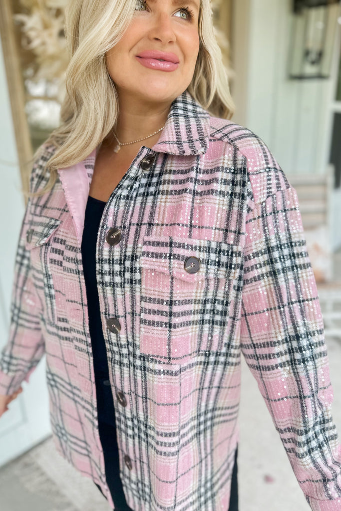 Jerry Long Sleeve Pink Plaid Sequin Shirt Jacket - Be You Boutique