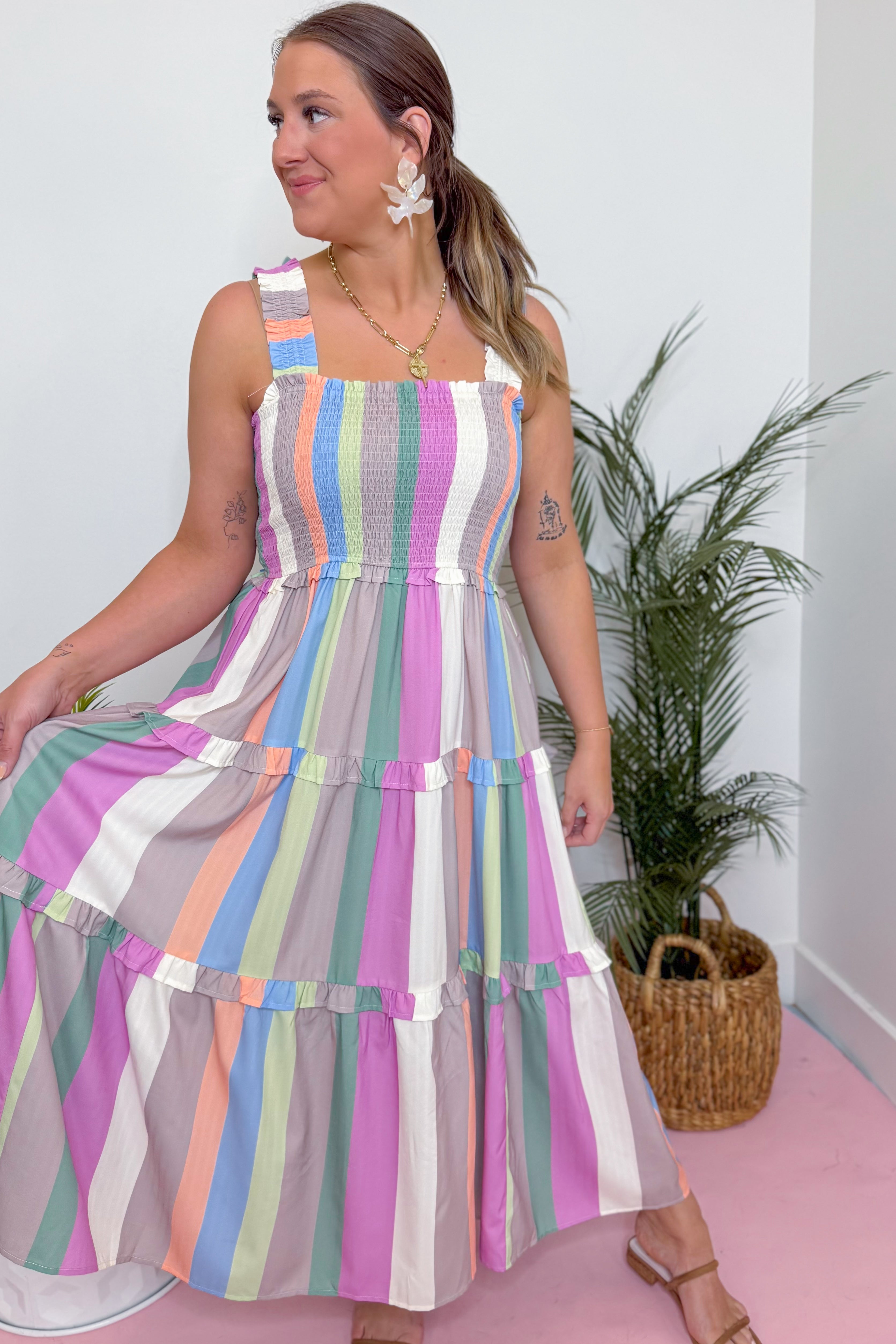 Shelly Striped Smocked Midi Dress - Be You Boutique
