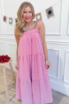 PEACH LOVE Sophie red gingham printed maxi dress with a flowy silhouette and sleeveless design, perfect for dressy occasions.