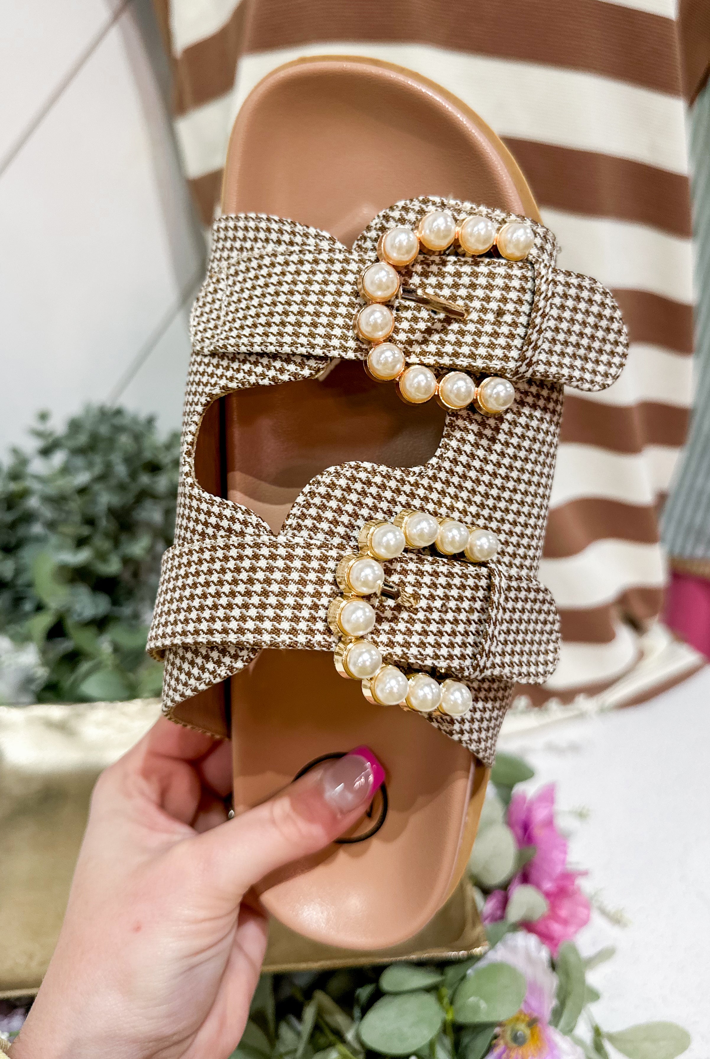 Kelly Nude Check Slides With Pearls - Be You Boutique