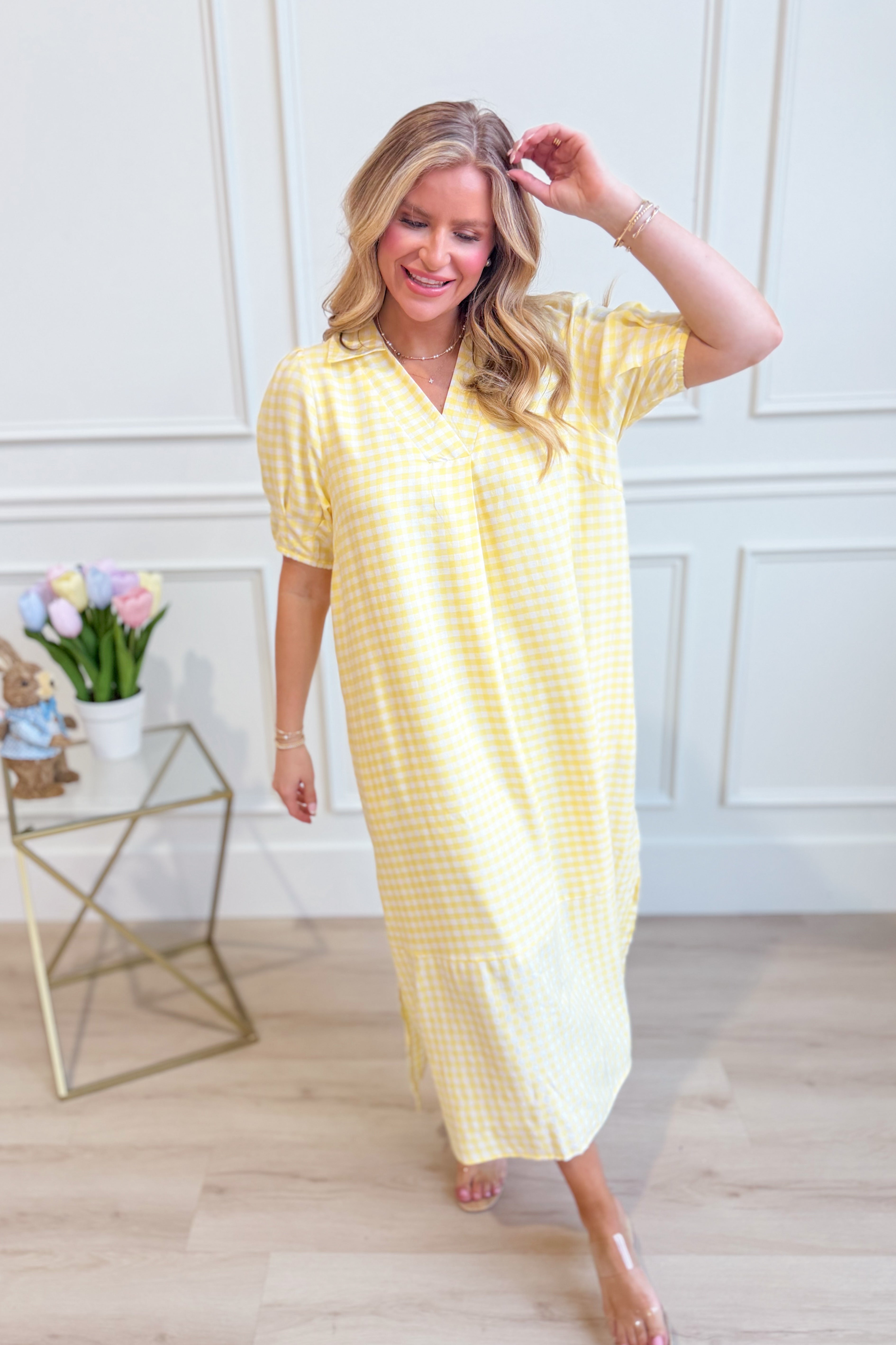 UMGEE USA Tonya plaid printed midi dress featuring a stylish, dressy design with a fitted waist and flared hem.