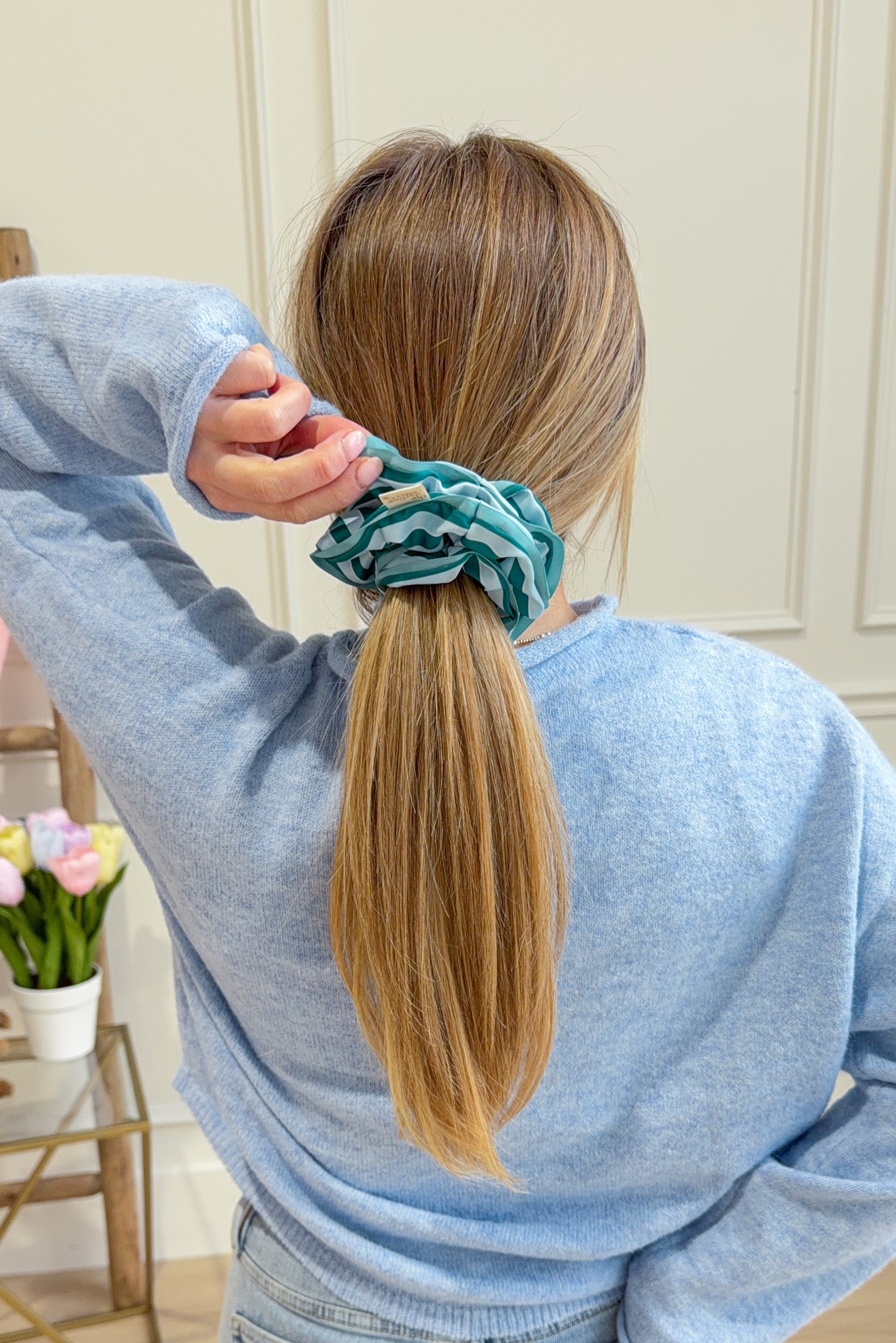 Sicily Stripes Teal Darling Ruffle Up Hair Scrunchie - Be You Boutique
