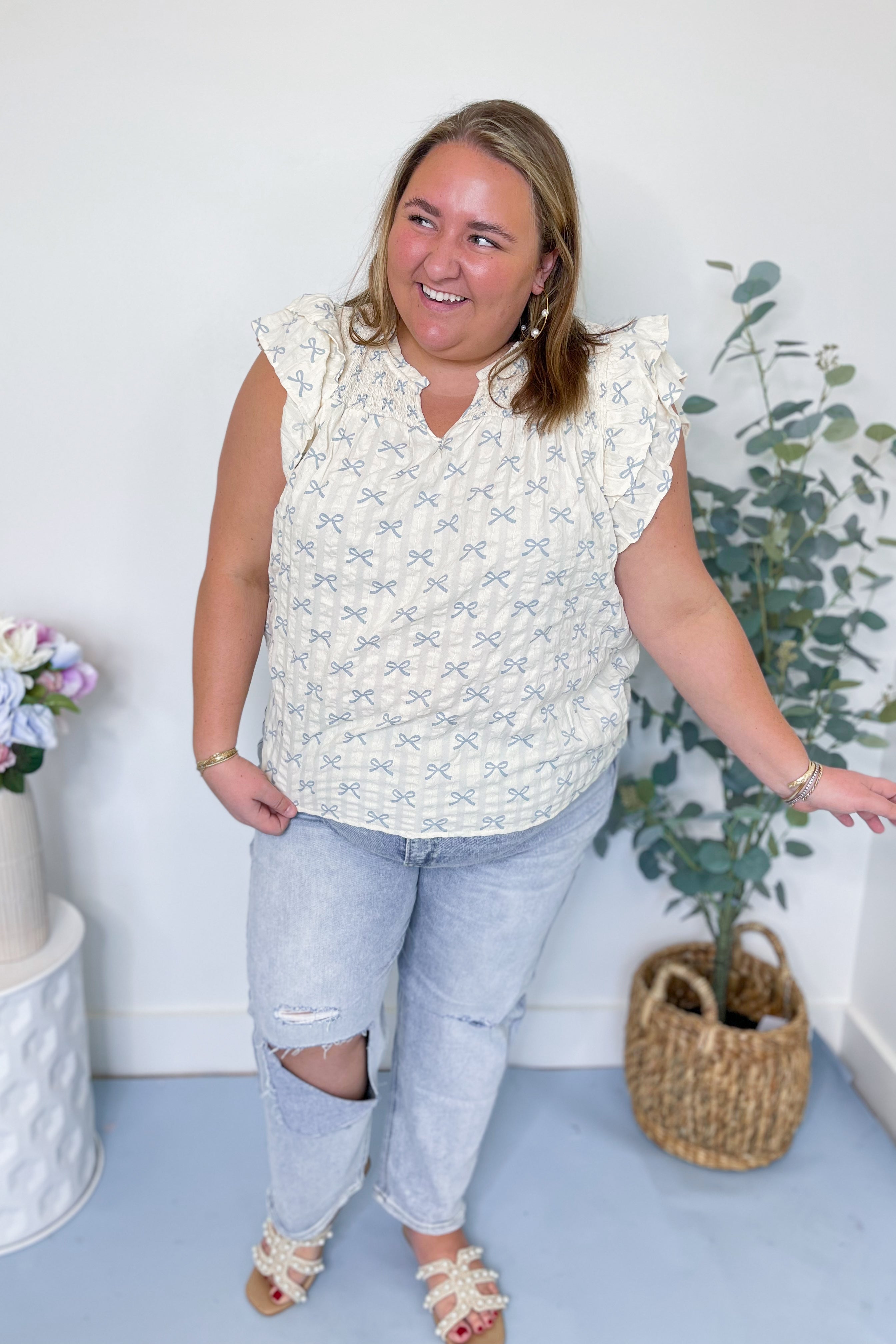 Josie Ribbon Printed Ruffle Sleeve Top - Be You Boutique