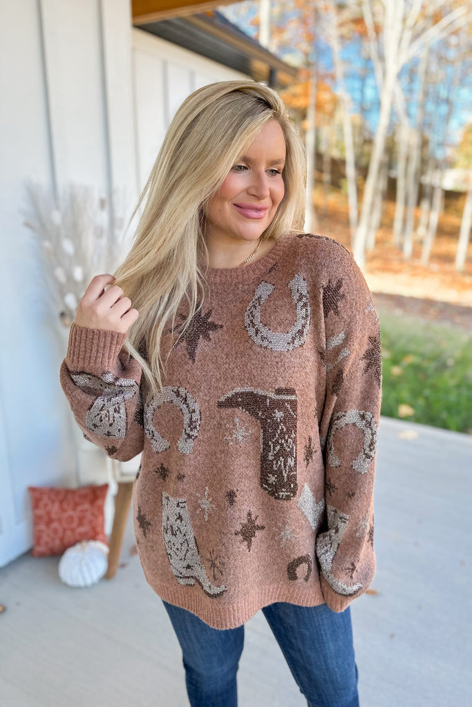 Marydale Western Fuzzy Printed Long Sleeve Sweater - Be You Boutique
