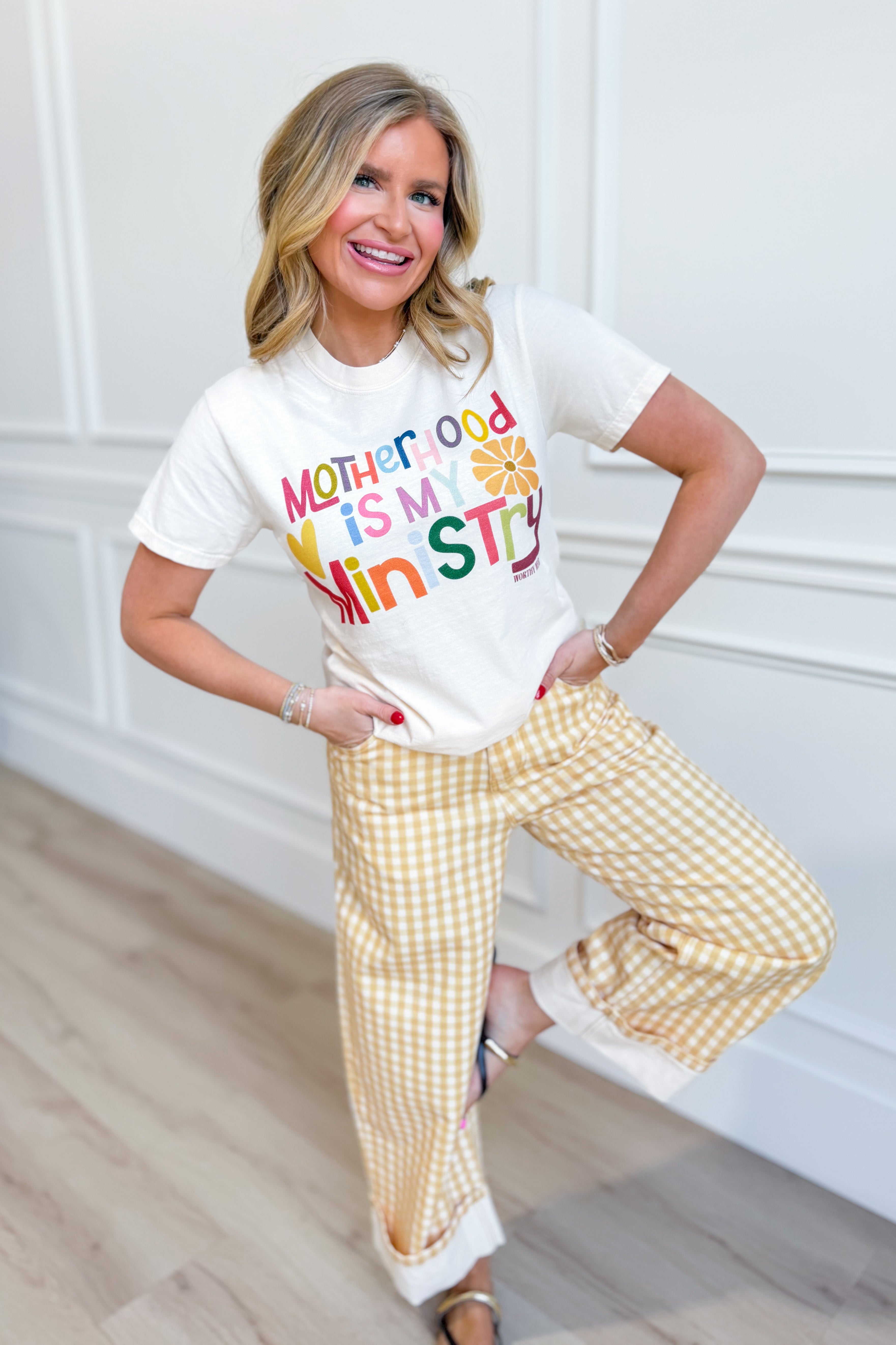 Luis Lt Yellow Gingham Rolled Hem Barrel Pant from PEACH LOVE, 147 Novelty Jeans, featuring yellow gingham fabric and rolled hem detail.