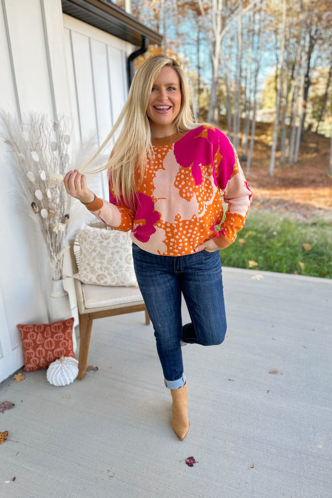 Joshua Floral Pattern Round Neck Long Sleeve Sweater - Be You Boutique