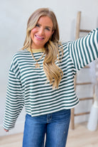 BLU PEPPER Timmy Hunter green long sleeve color block top, casual 105 top with contrasting color blocks and comfortable fit.