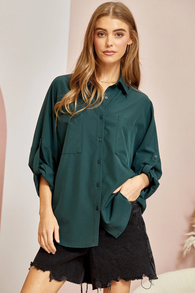 Cranfill Oversized Rolled Sleeve Button Down Top - Be You Boutique