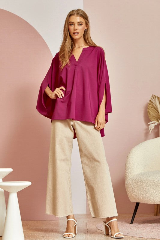Isaiah Split Neck Poncho Sleeve Blouse Top - Be You Boutique