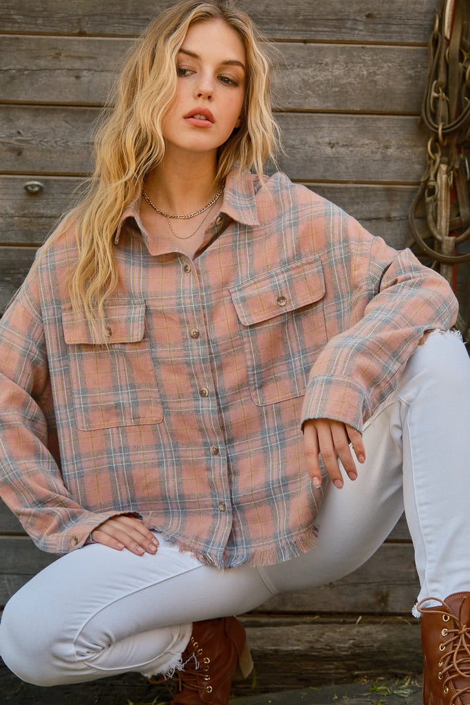 Wally Washed Plaid Flannel Button Down Raw Edge Shirt Top - Be You Boutique