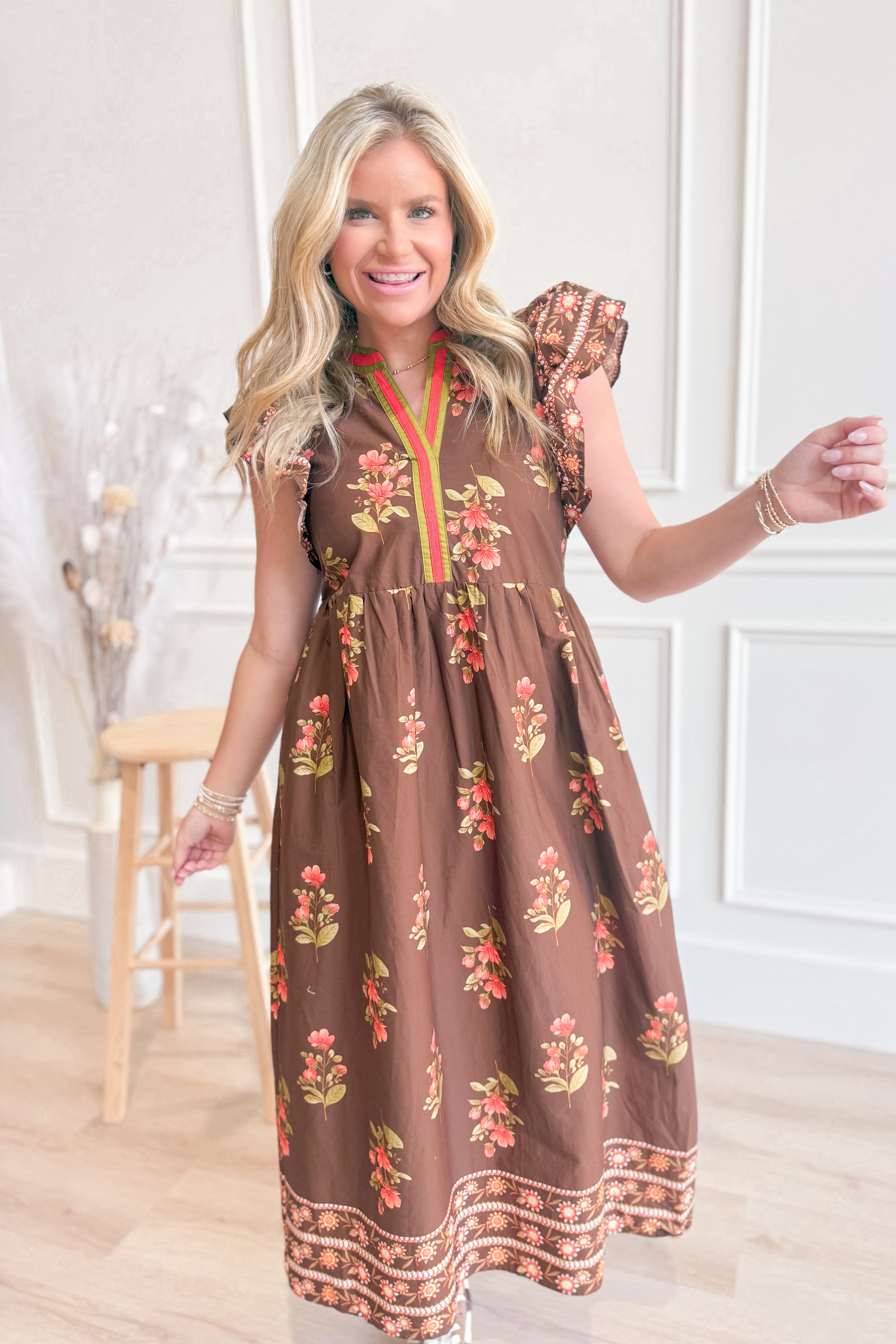 Laura Flutter Sleeve Printed Trim Dress - Be You Boutique