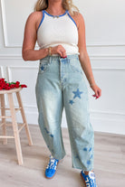 Easel Star Printed Barrel Denim Pants - Be You Boutique