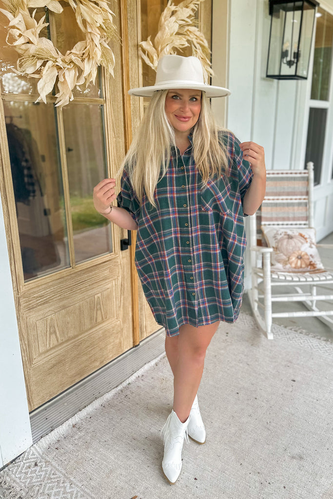 Madeline Oversized Short Sleeve Button Down Flannel Plaid Dress - Be You Boutique