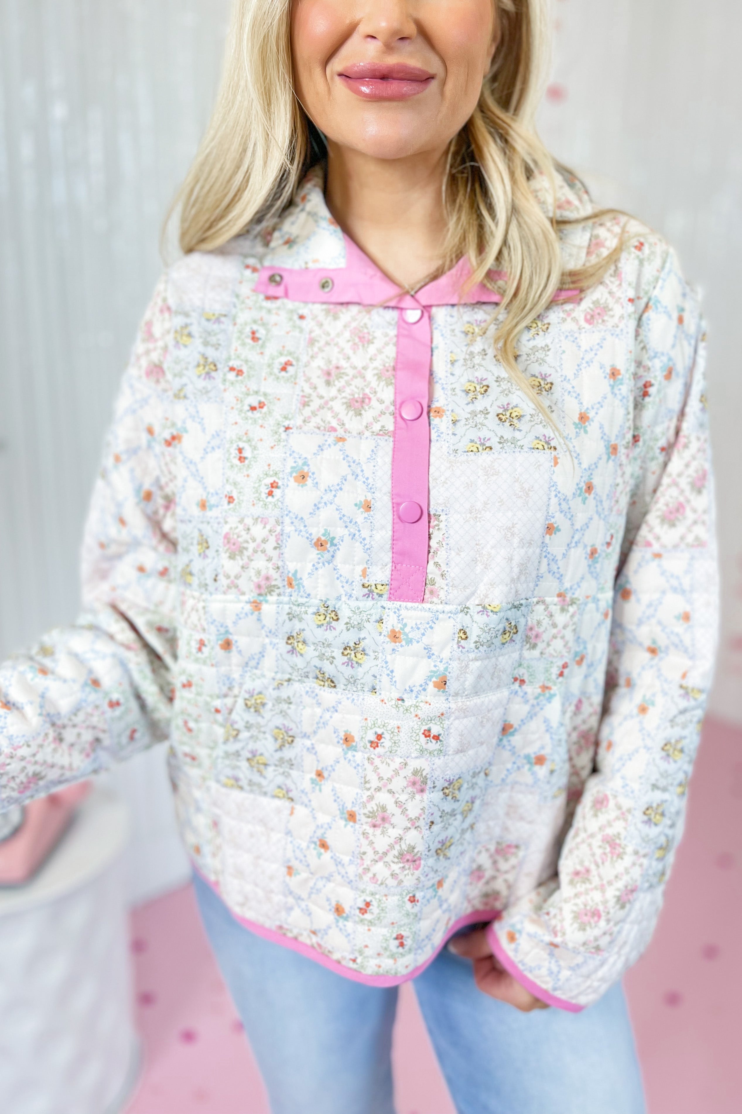 Birdie Quilted Floral Print Snap Front Pullover - Be You Boutique