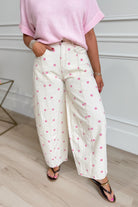 Landry Pink Polka Dot Barrel Jean from PEACH LOVE, 147 Novelty Jeans, showcasing pink fabric with white polka dots and relaxed fit style.