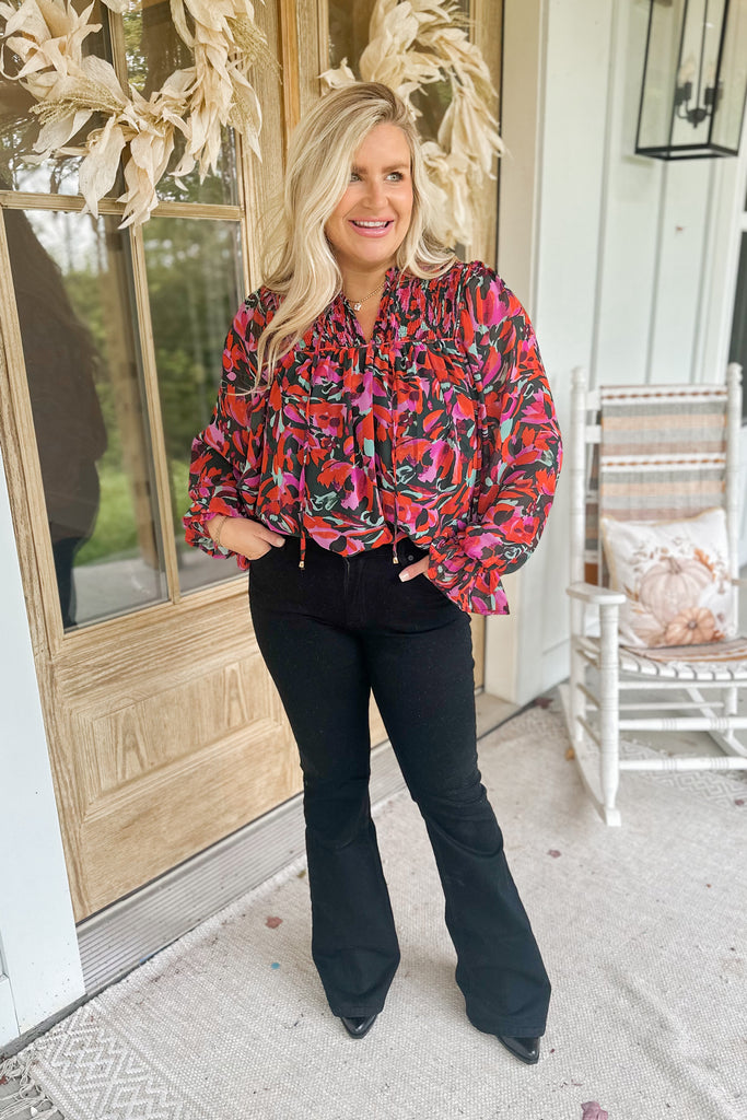 William Printed Floral Long Sleeve V Neck Top - Be You Boutique