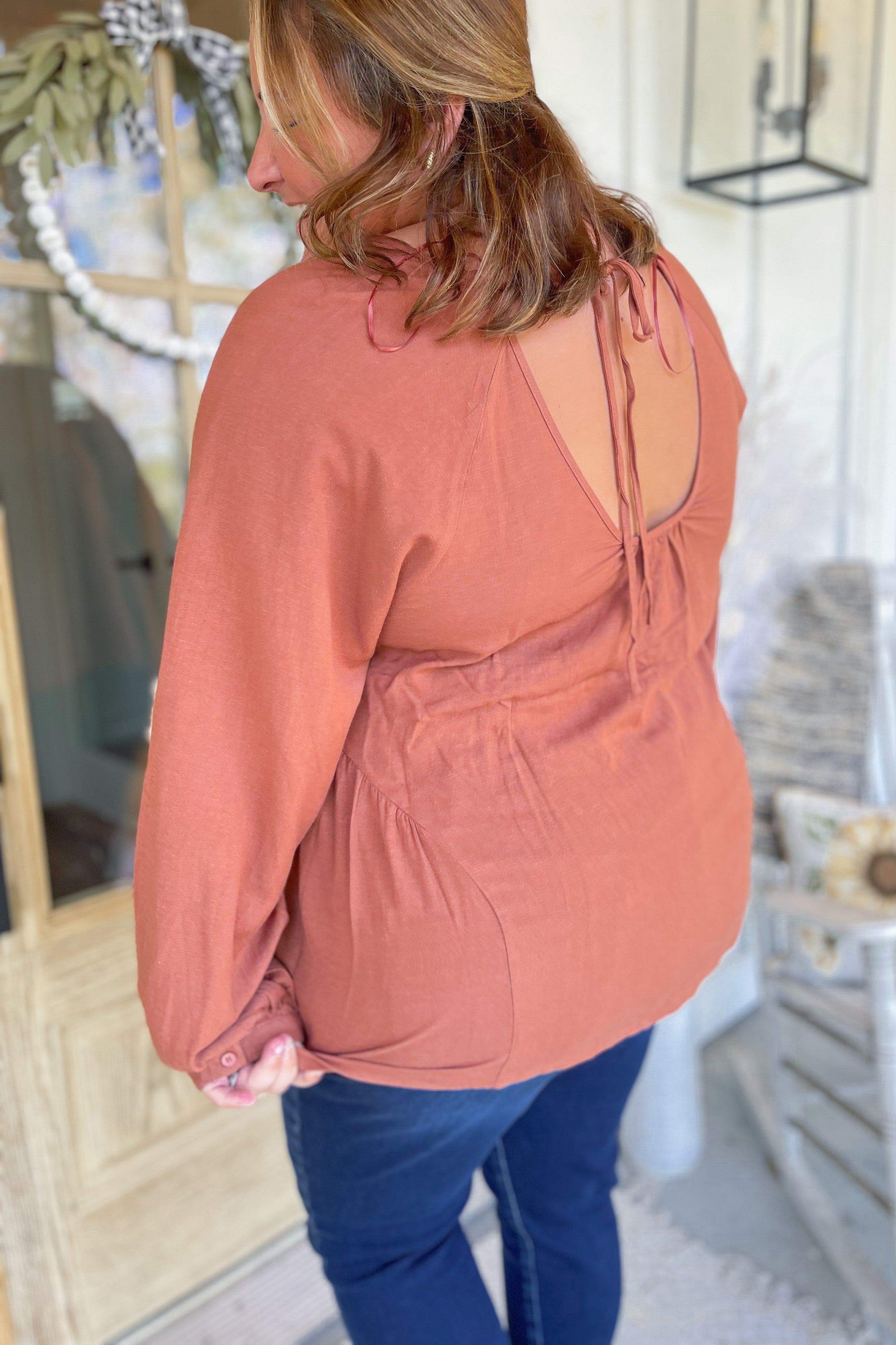 Mary Round Neck Back Tie Flare Balloon Sleeve Blouse [S-3X] - Be You Boutique