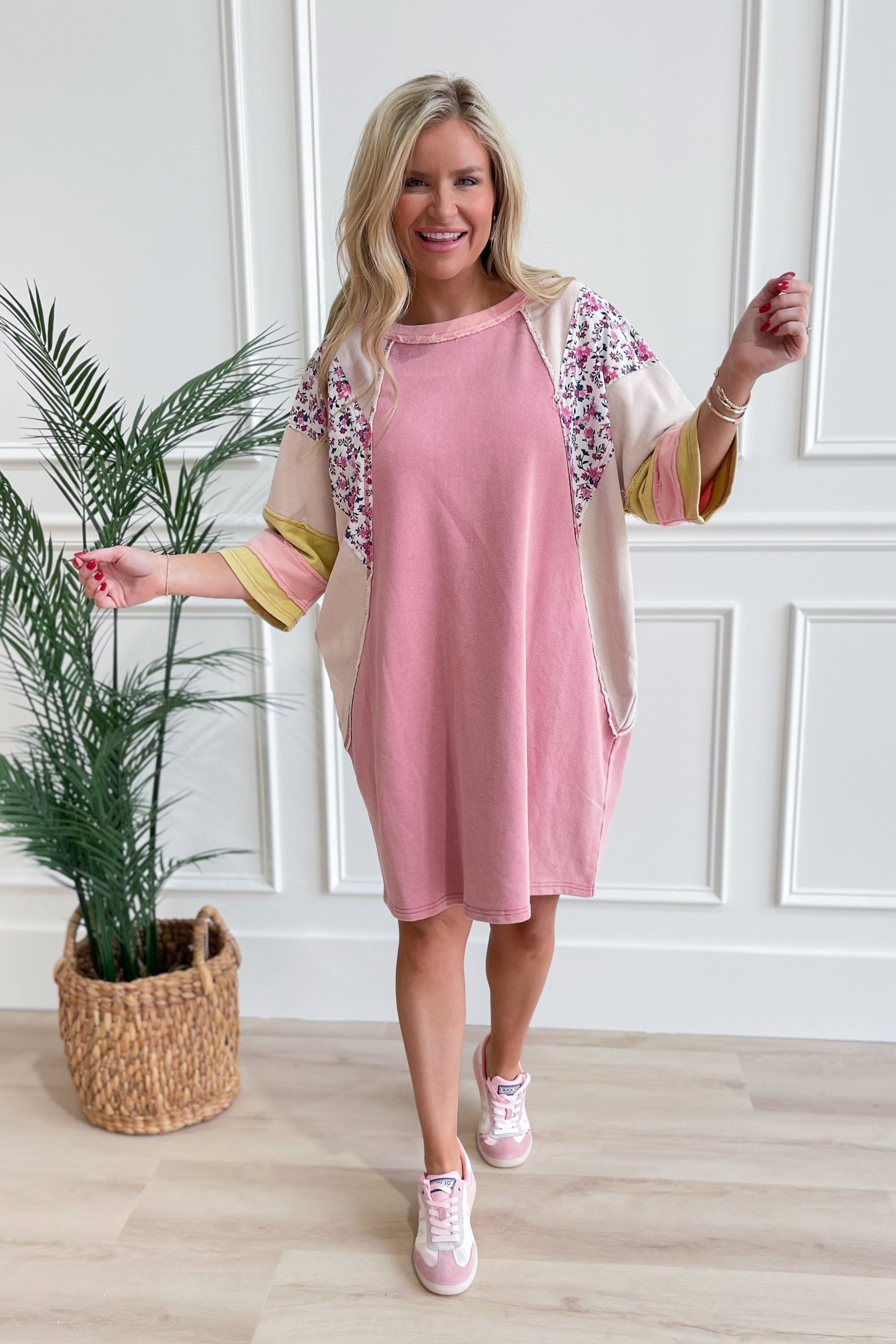 Rose Washed Color Mix Terry Knit Dress - Be You Boutique
