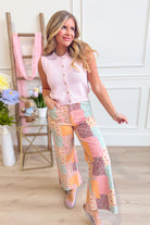 EASEL Cori Multi Pattern Wide Leg Pant from 147 Novelty Jeans featuring vibrant mixed patterns and wide-leg style.