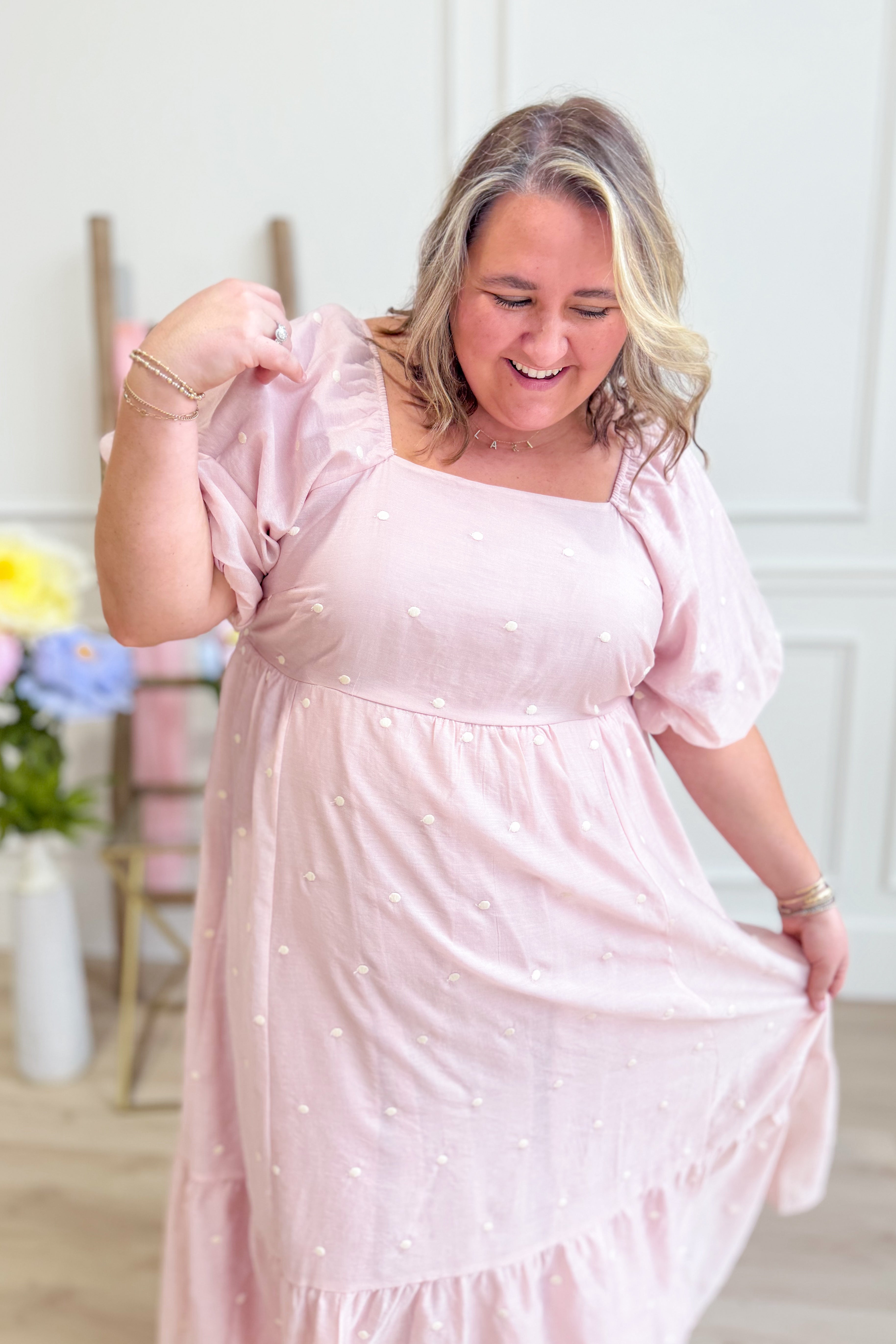 Pamela Blush Embroidered Dotted Dress - Be You Boutique