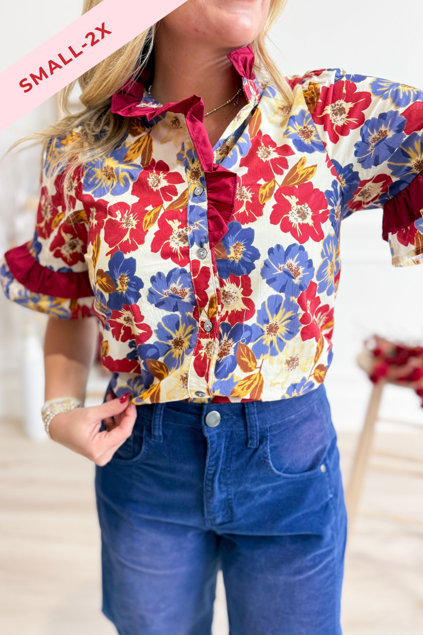 Kennedy Floral Print Ruffle Trim Top - Be You Boutique